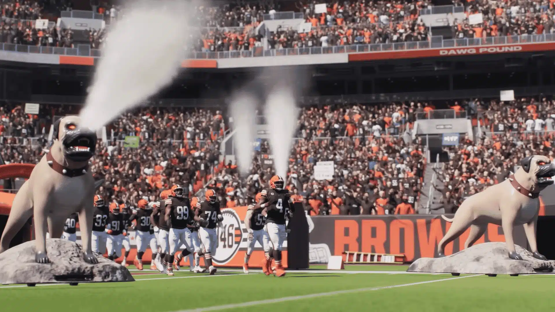 Madden NFL video game showing Cleveland Browns players running onto the field past large smoke-breathing dog statues.