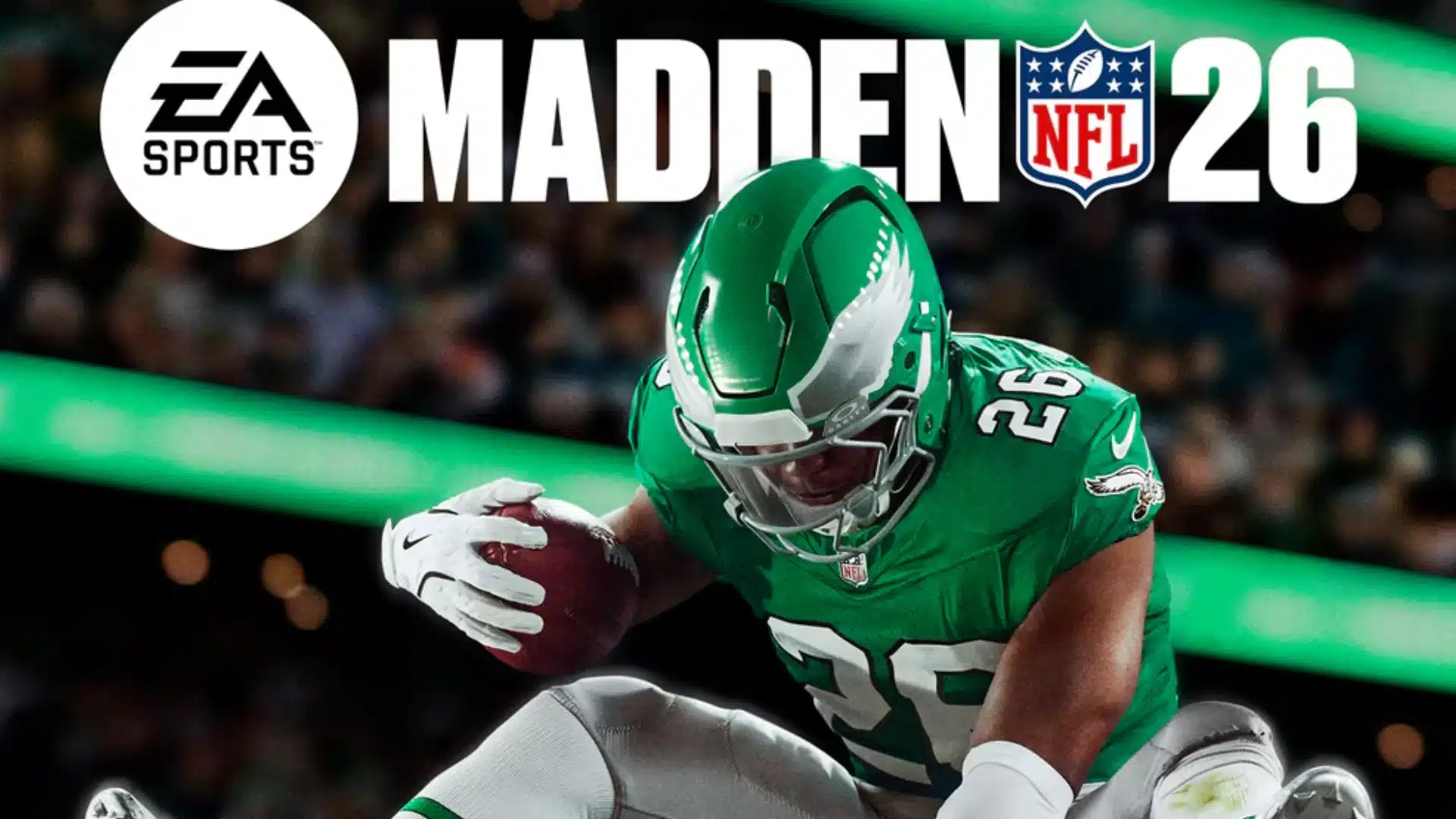 Madden NFL 26 cover featuring an Eagles player hurdling a defender with the ball