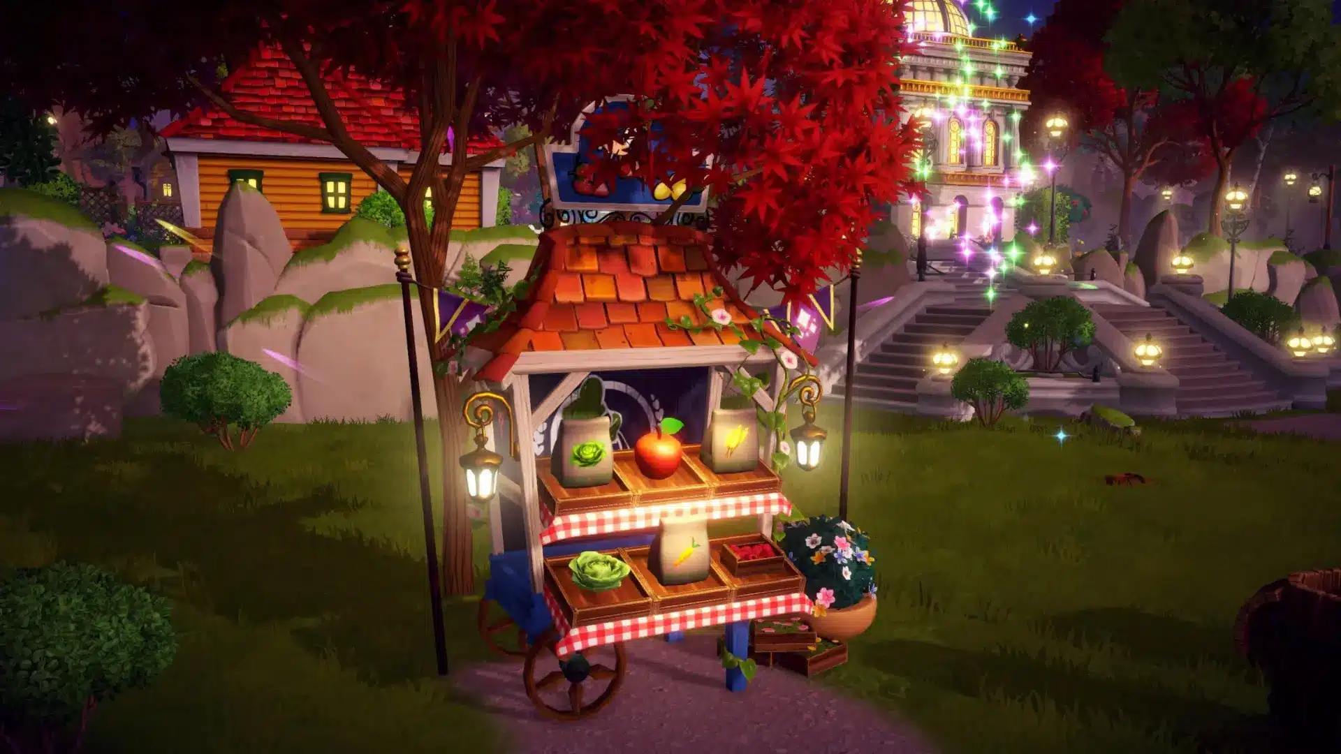 Goofy’s vegetable stall in Peaceful Meadow with crops displayed under red trees and a glowing castle in the distance.