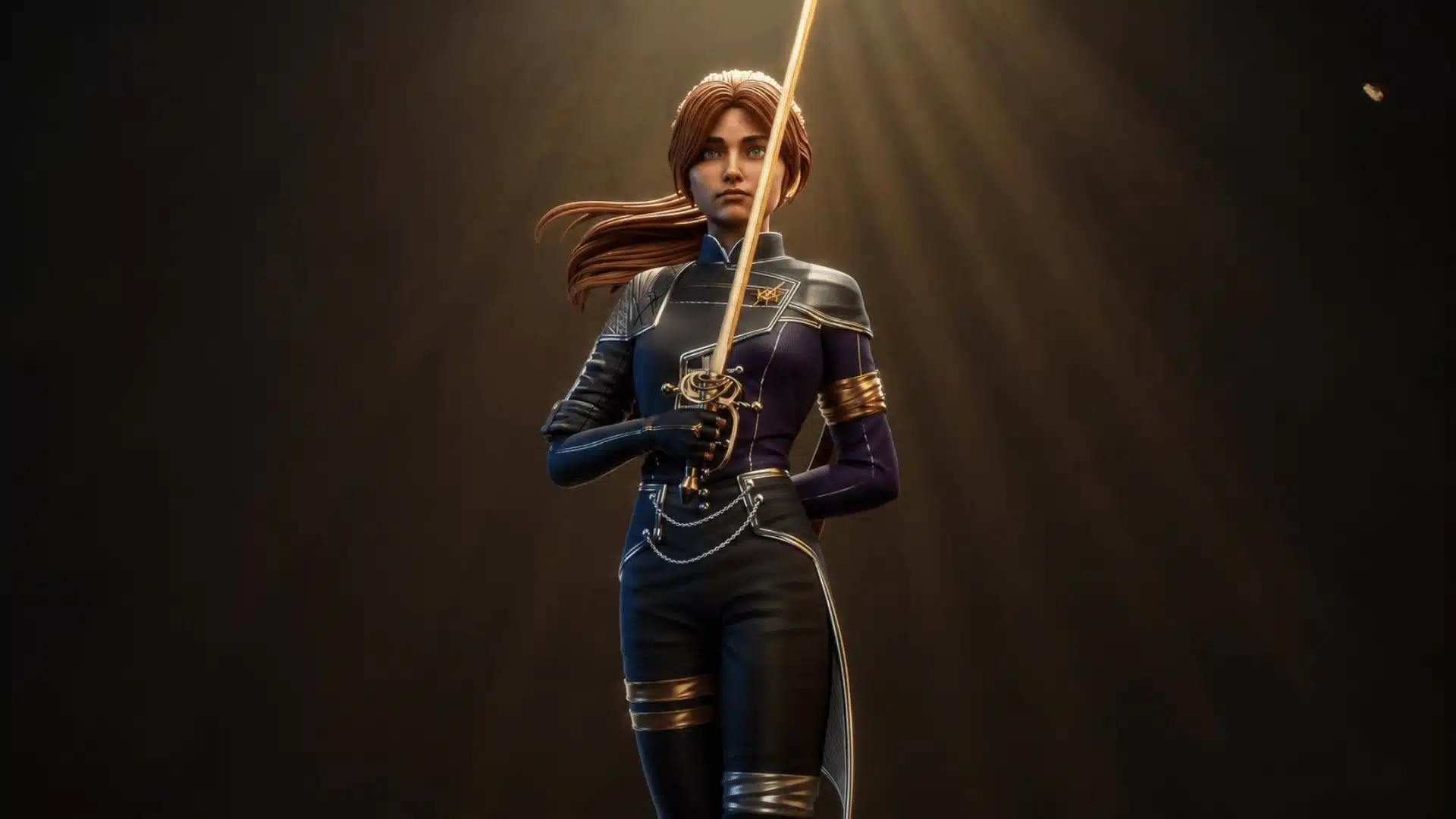 Maelle in a dark military-style uniform holding a gold sword under warm overhead light.