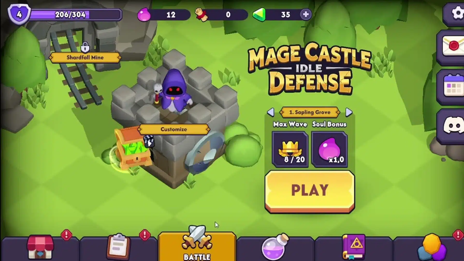Mage Castle Idle Defense gameplay showing a wizard, castle, battle menu, and rewards