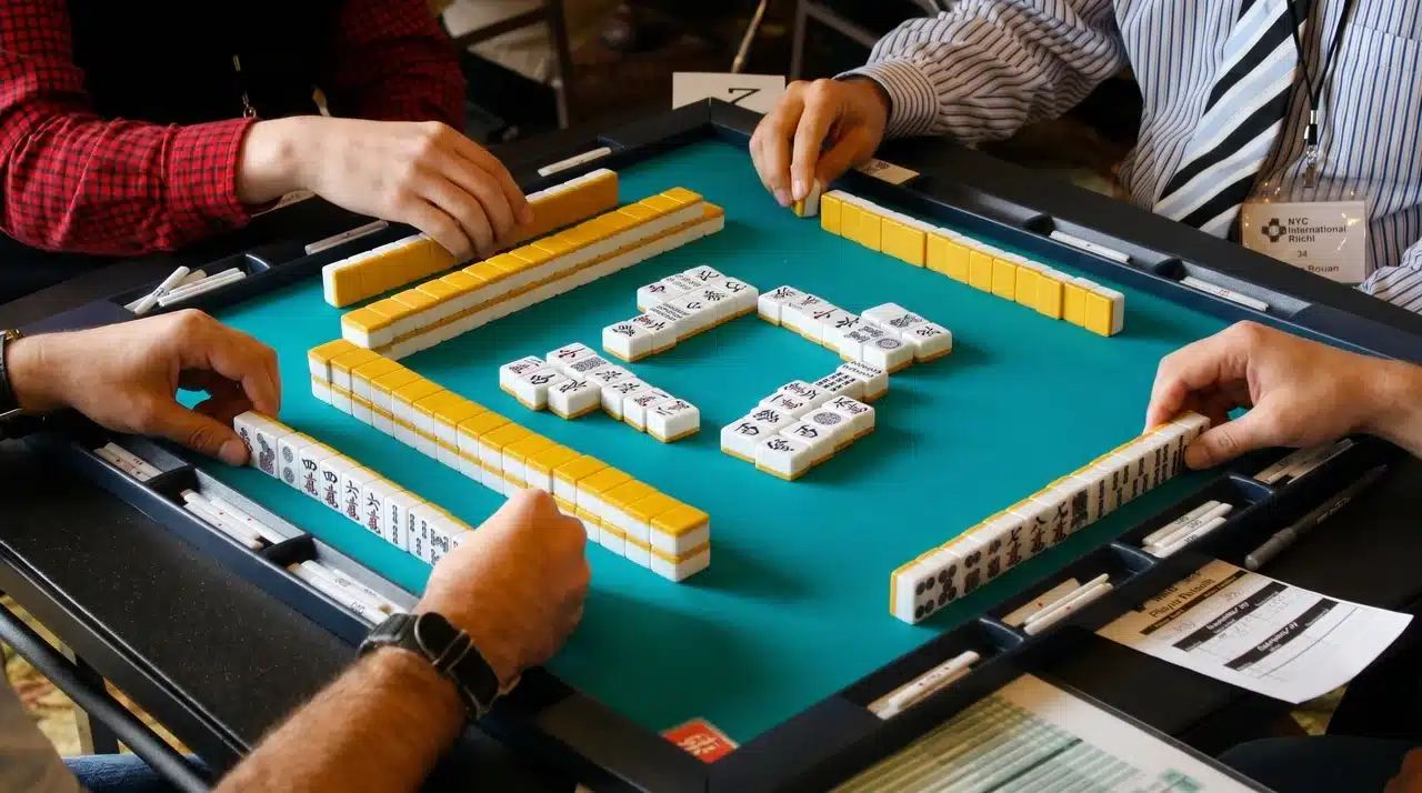 Mahjong table with four walls of stacked yellow and white tiles on a teal surface, with face-up tiles arranged in the center during active play