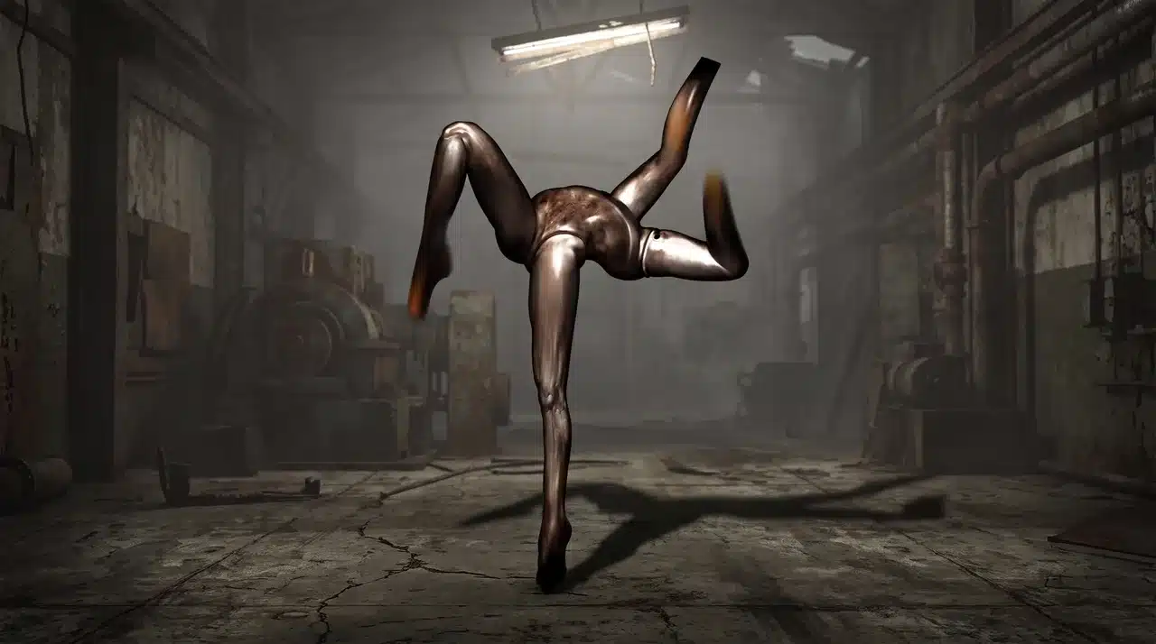 Mannequin monster balancing on distorted fused legs inside a dim industrial warehouse