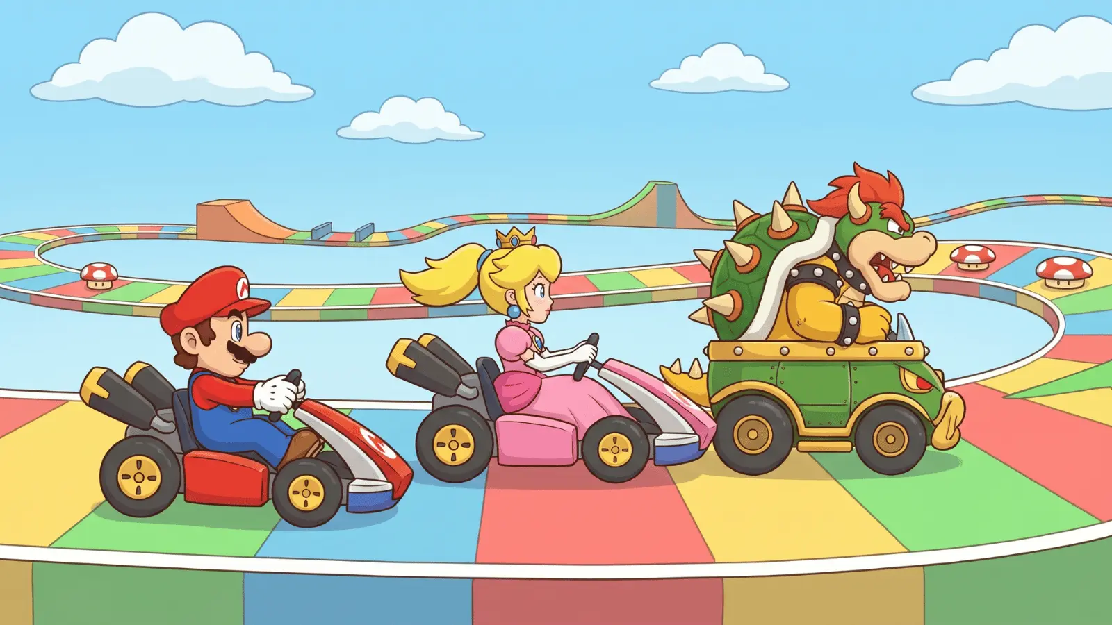 Mario, Princess Peach, and Bowser racing in go-karts in cartoon style