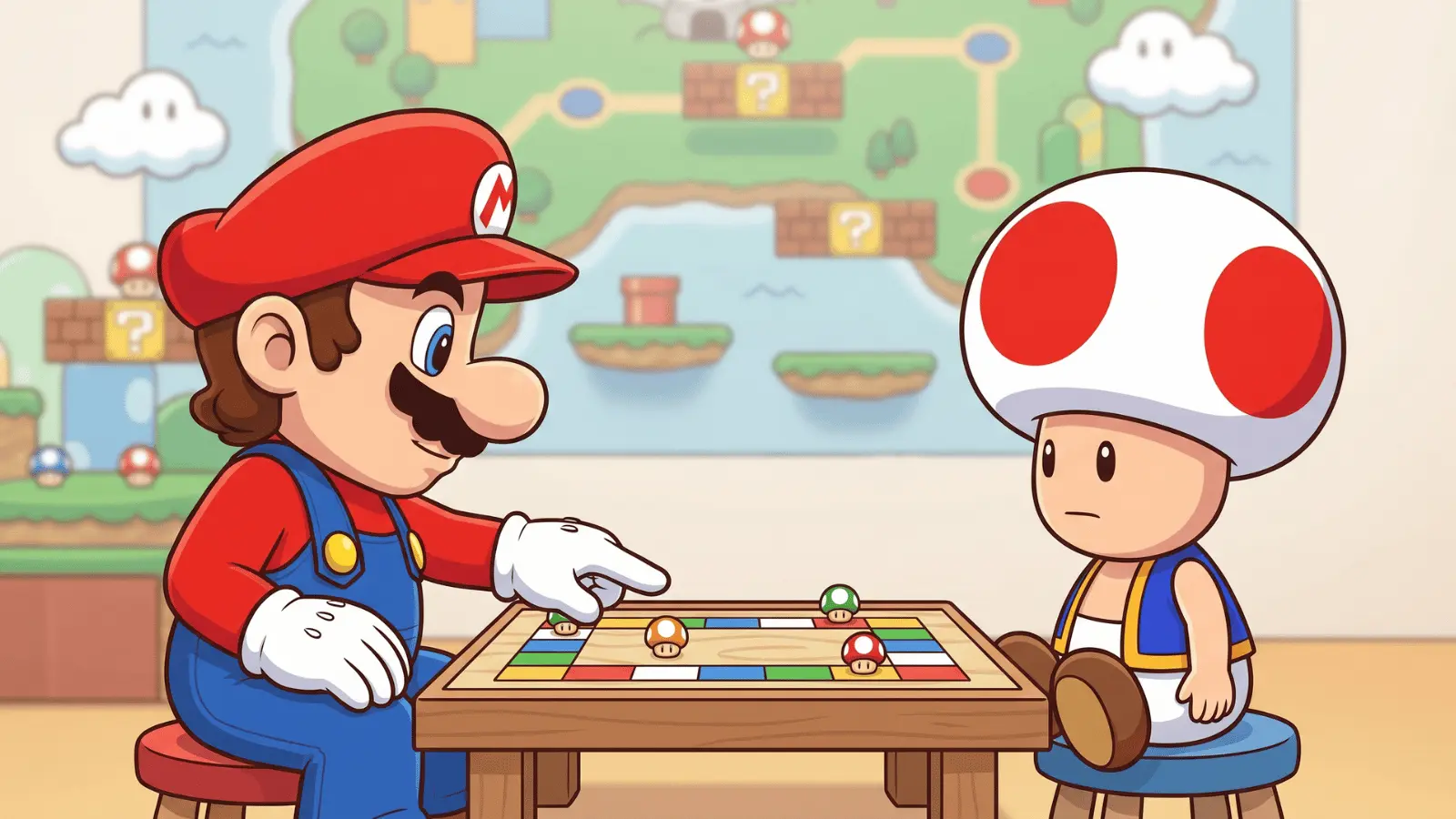 Mario and Toad on a game board with mini-games in cartoon style