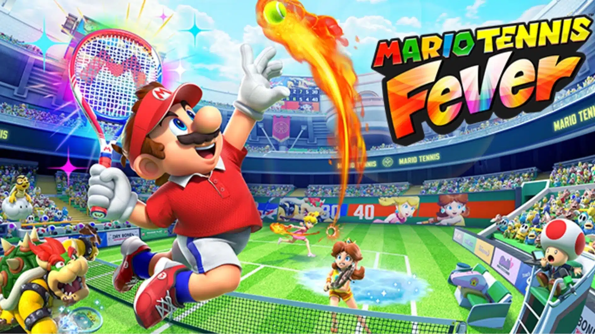Mario Tennis Fever gameplay artwork showing Mario holding a tennis racket on a colorful court
