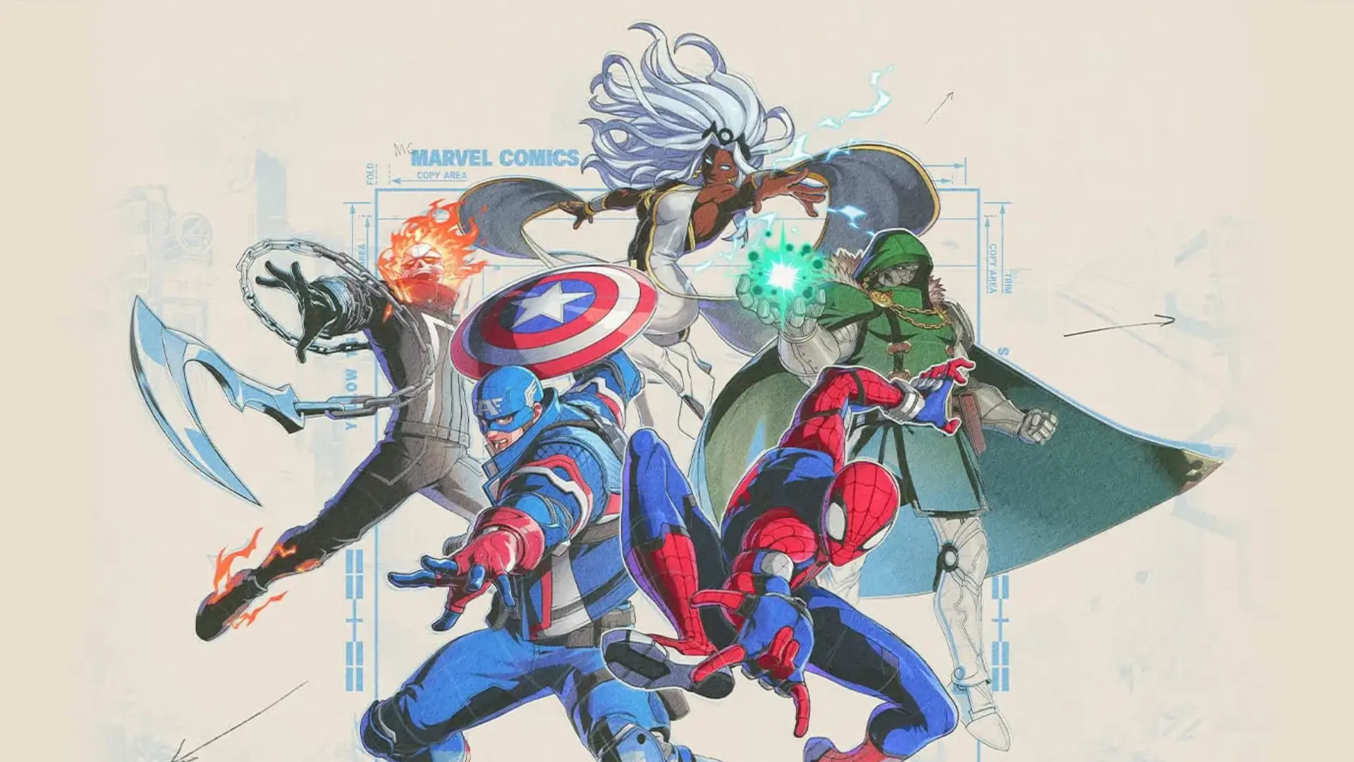 Marvel heroes and villains strike battle poses in a stylized comic team lineup