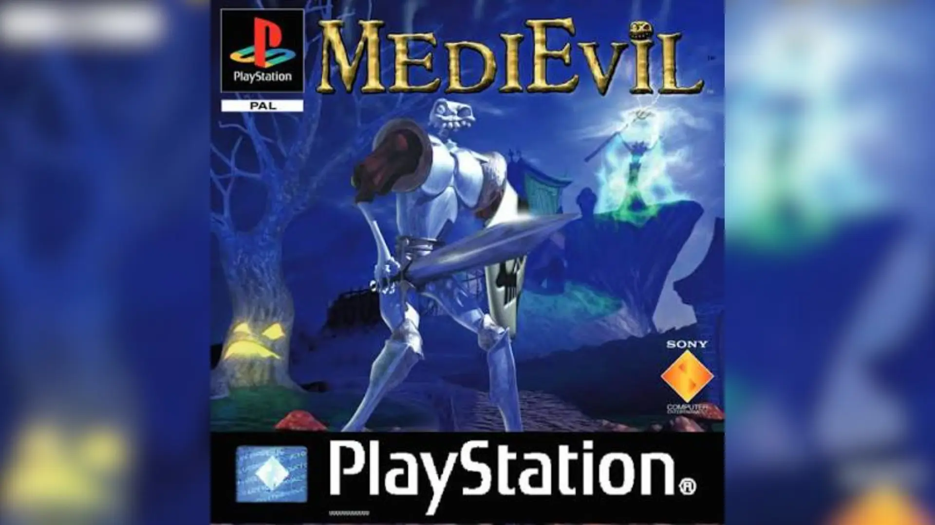 An skeletal knight in armor holding a sword and shield on the original MediEvil PlayStation game cover.