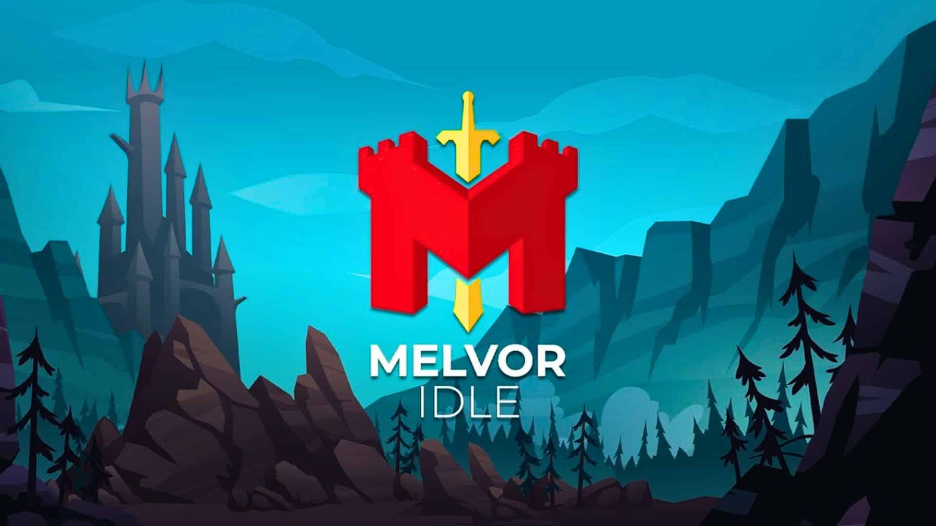 Melvor Idle game logo with a fantasy landscape, mountains, trees, and castle background.