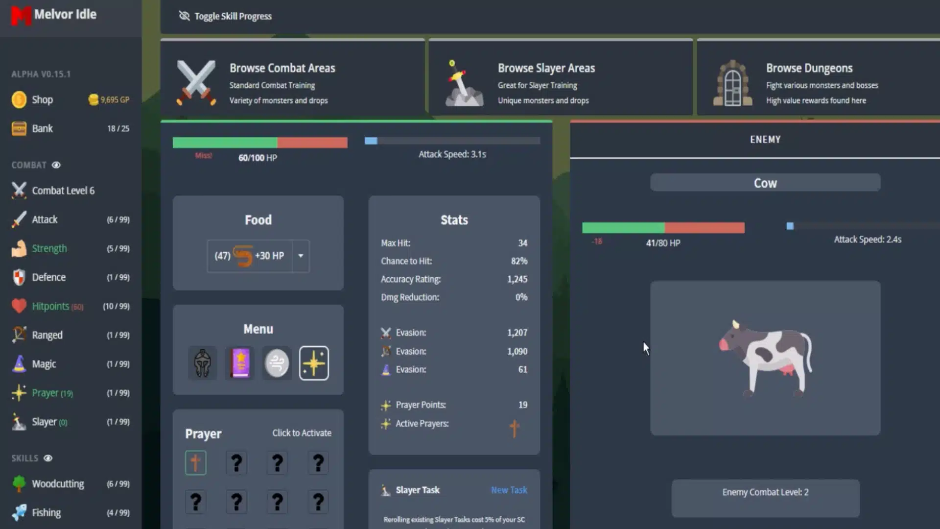 Melvor Idle 2 combat screen showing skills, player stats, health bars, and a cow enemy