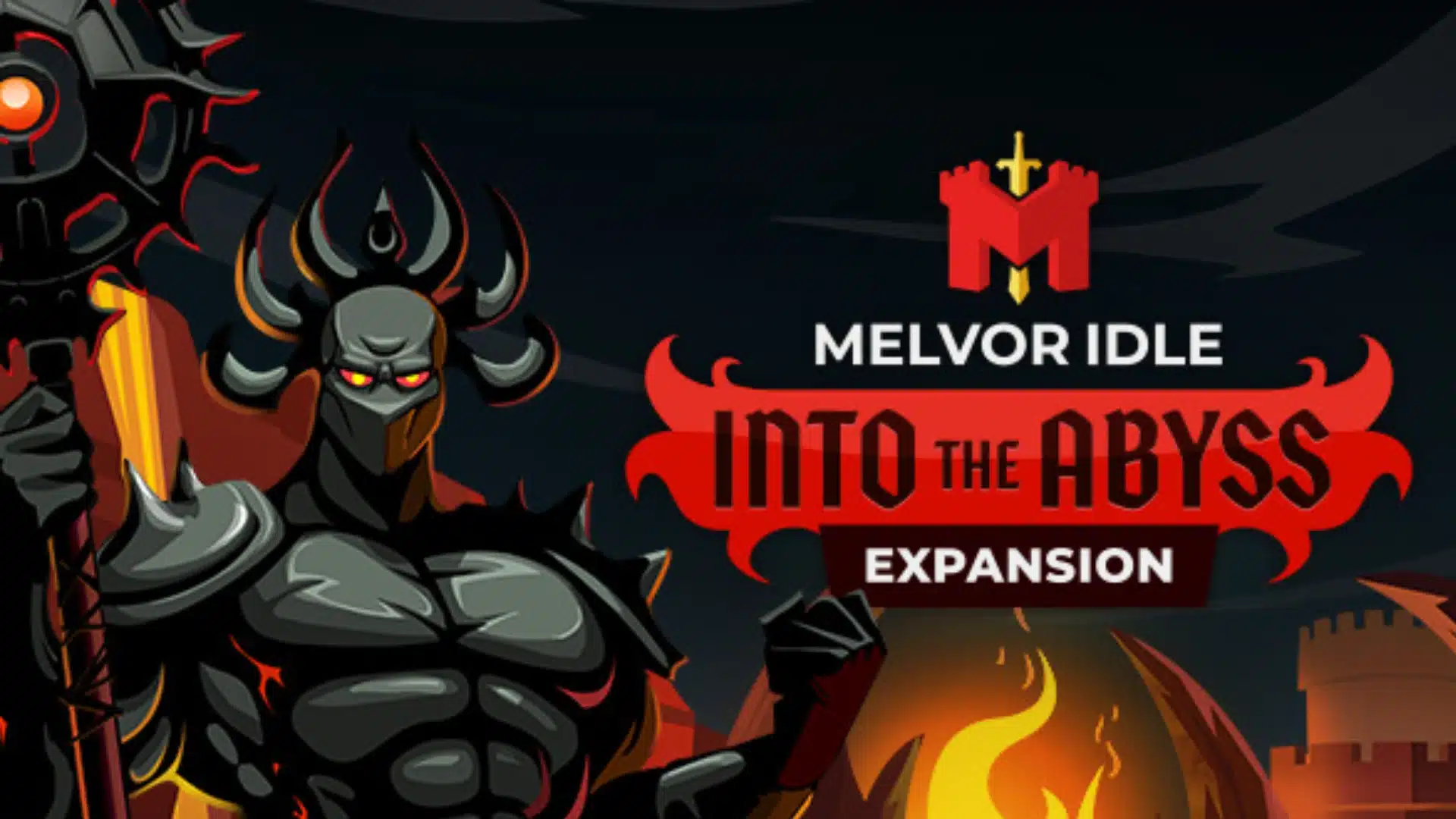 Melvor Idle Into the Abyss expansion art showing an armored warrior and fiery fortress