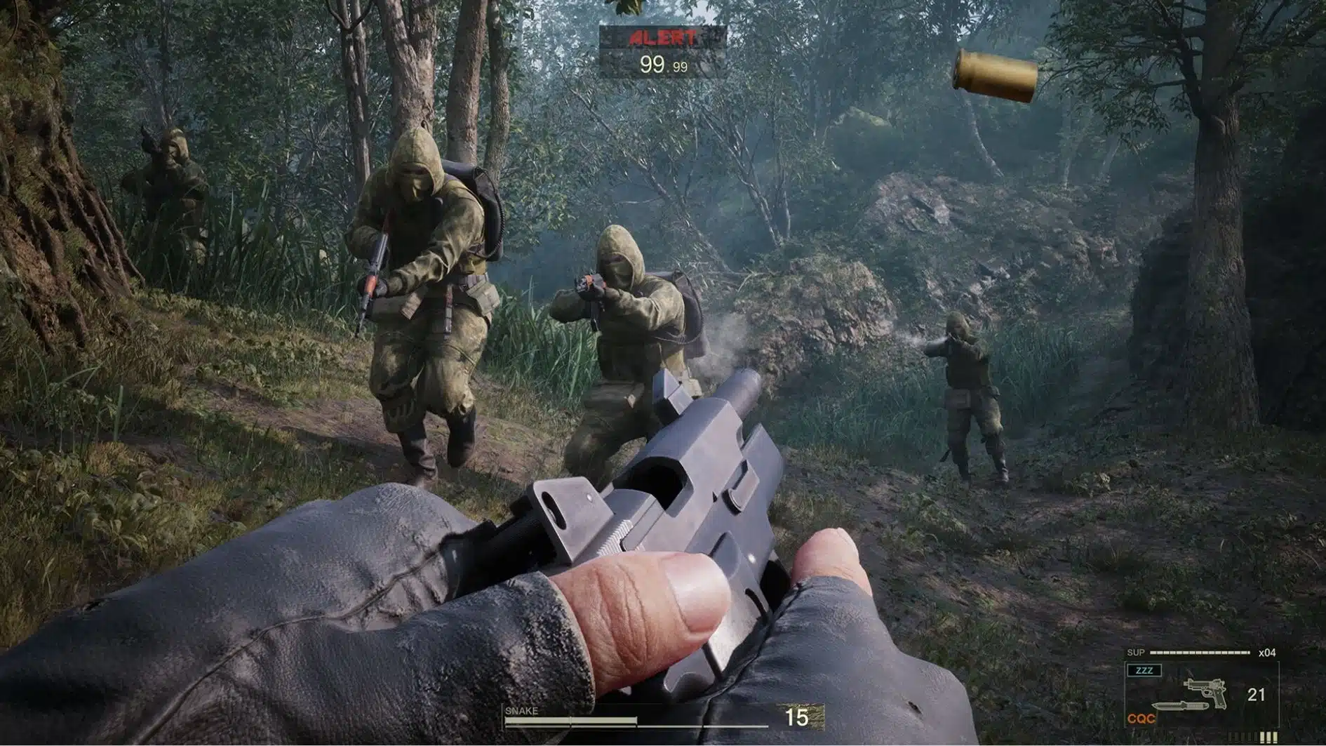 Metal Gear Solid Delta Snake Eater gameplay showing Snake aiming at enemies in a forest environment