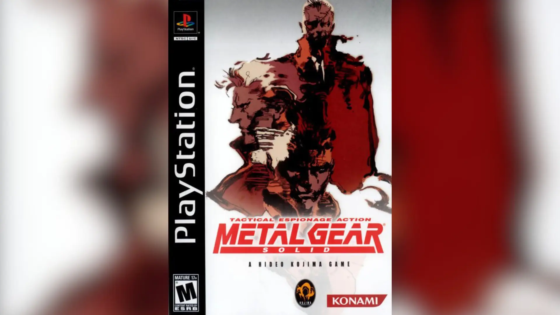Metal Gear Solid PlayStation cover art with Snake artwork, red logo, and Konami branding