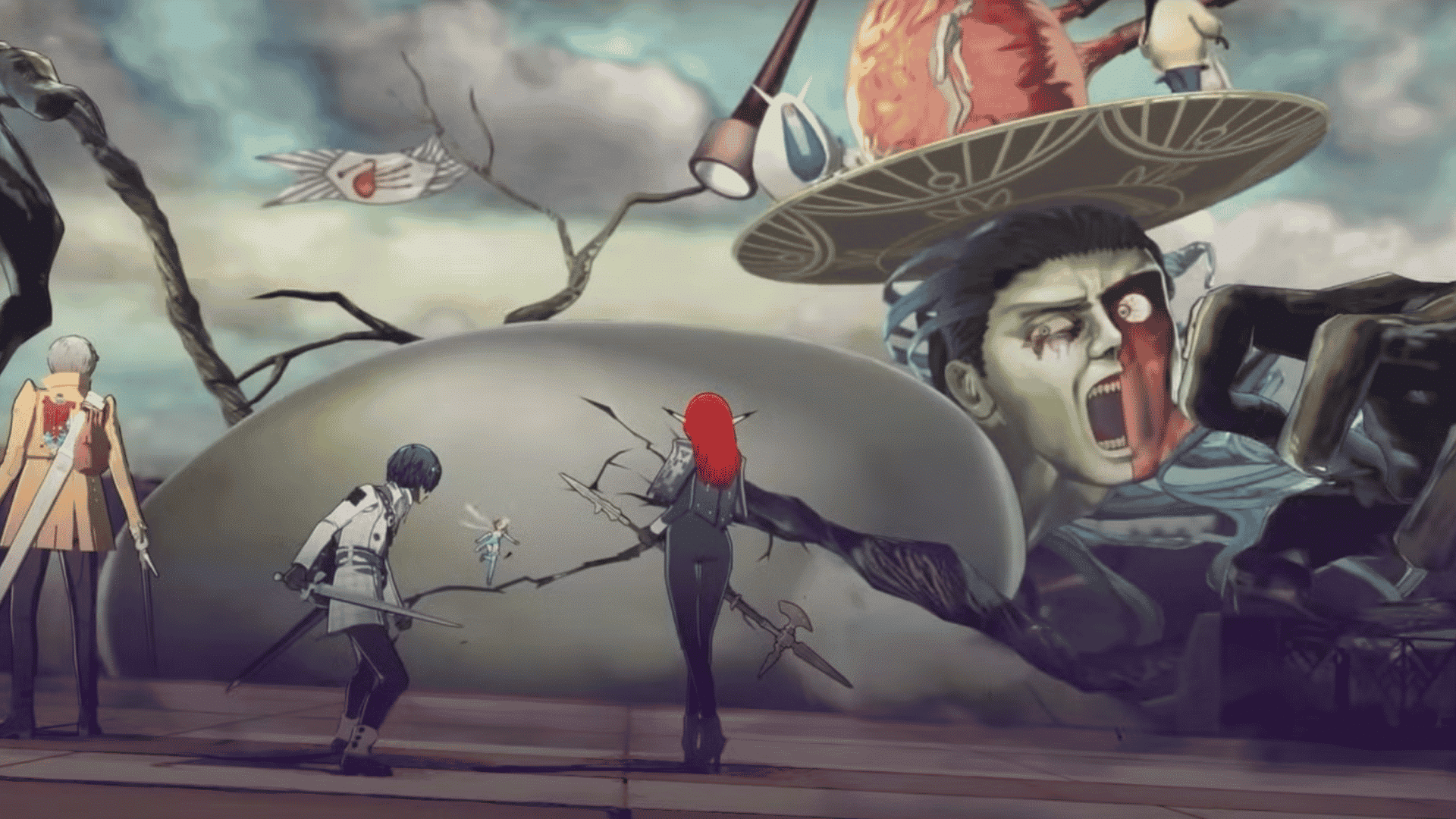A battle scene from Metaphor: ReFantazio showing characters facing a massive, surreal human-faced monster.