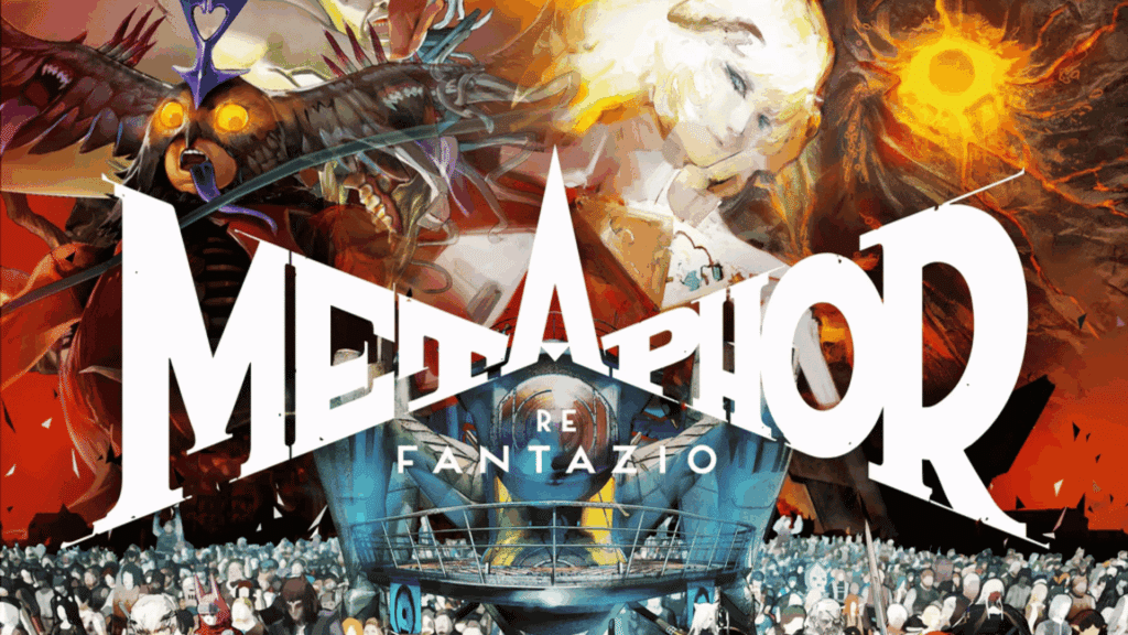 The Metaphor: ReFantazio video game logo over stylized, fiery fantasy artwork and a crowded stadium scene.