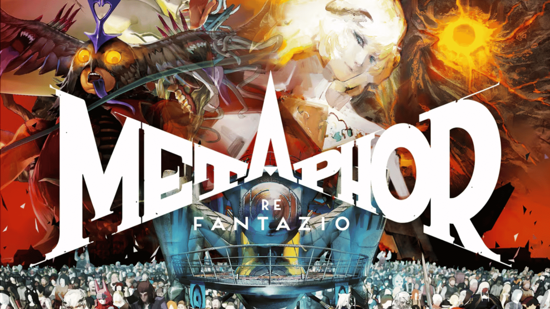 The Metaphor: ReFantazio video game logo over stylized, fiery fantasy artwork and a crowded stadium scene.