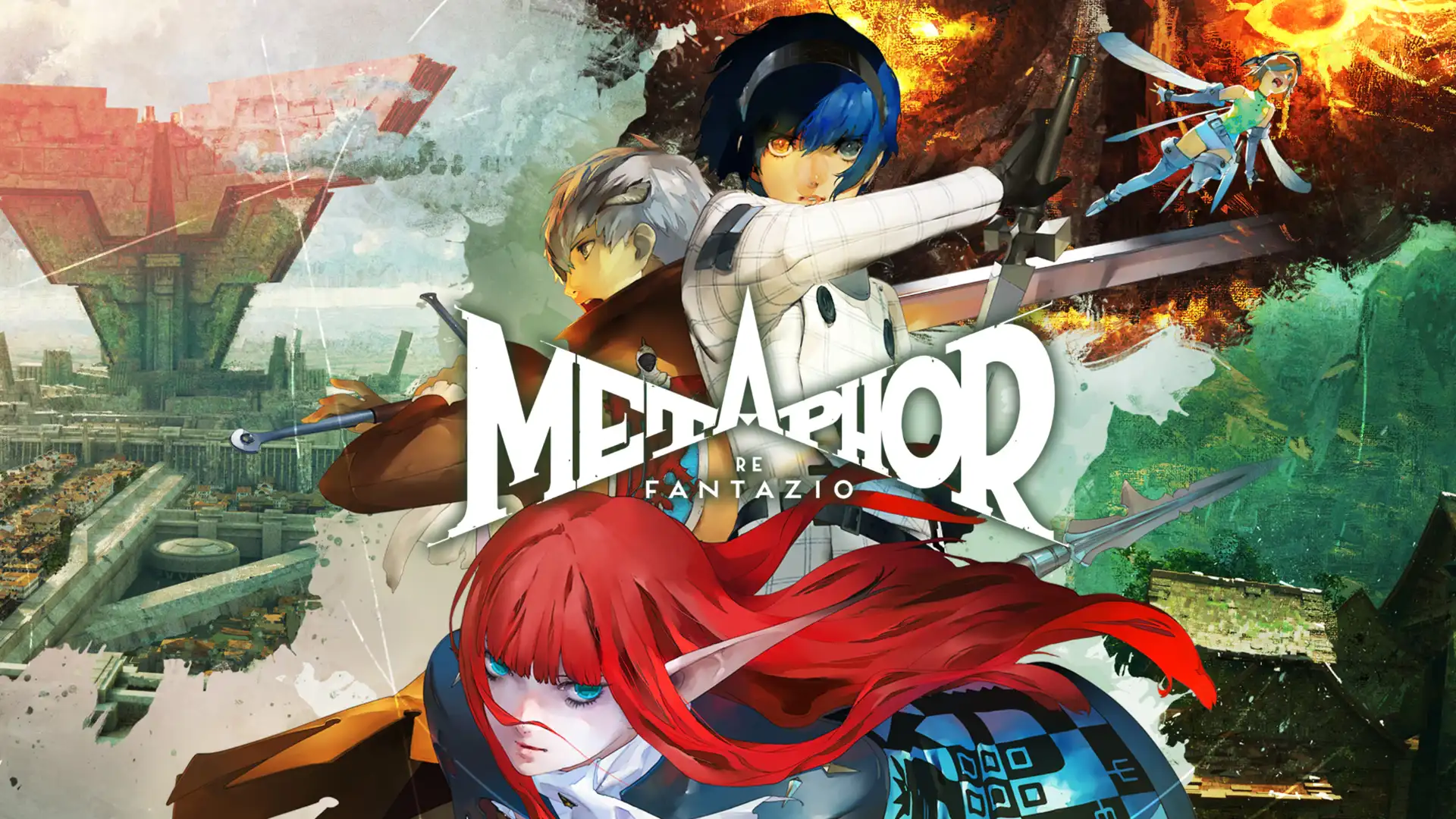 Metaphor ReFantazio heroes posed with weapons across a colorful fantasy city backdrop