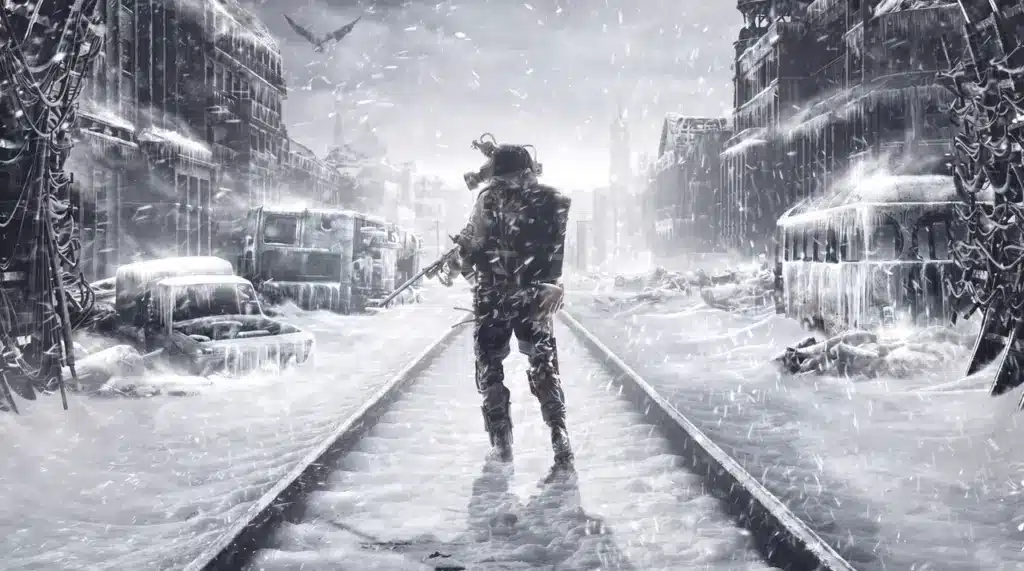 Lone masked figure walks along snow covered train tracks through a blizzard in a ruined frozen city.