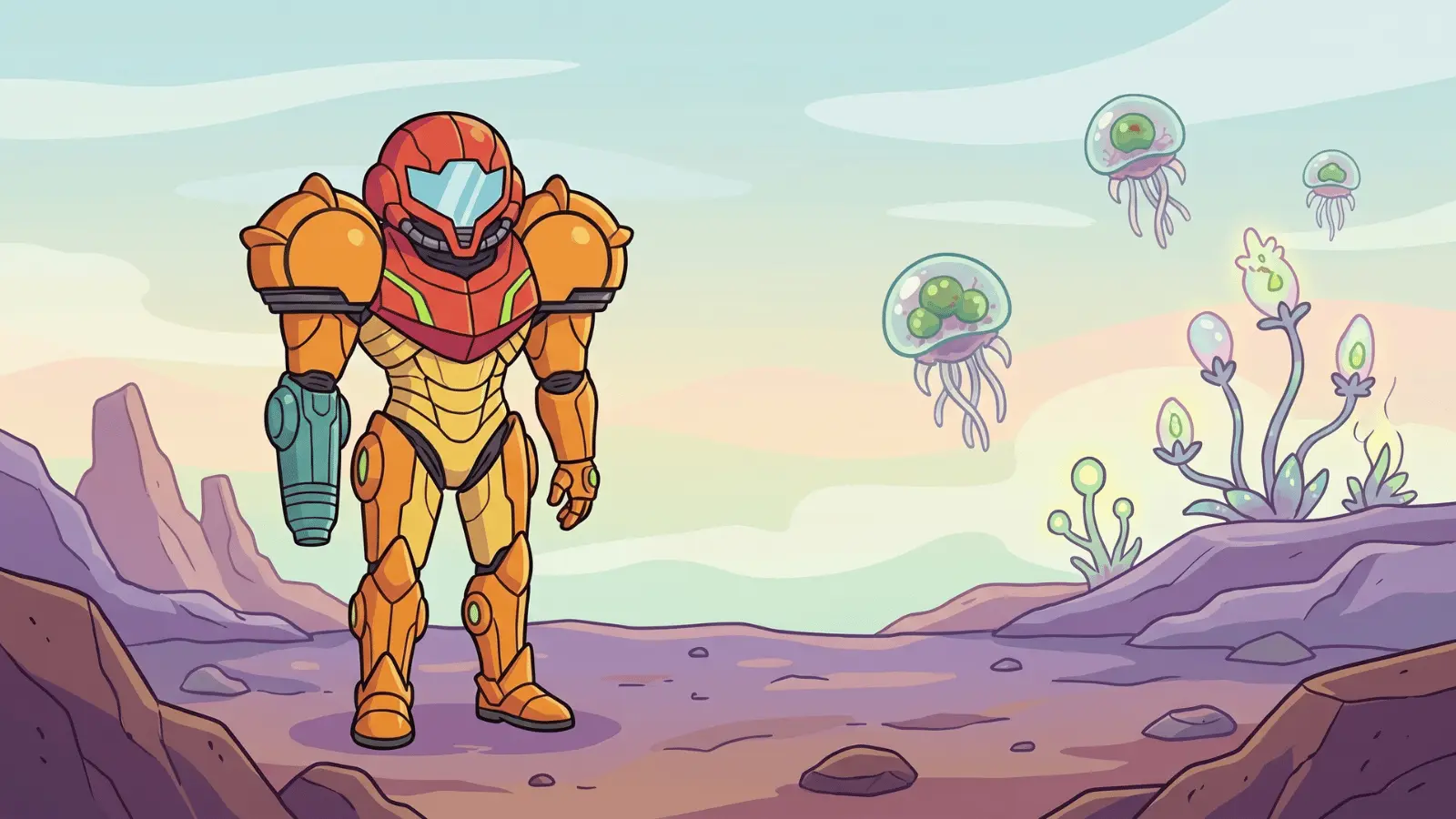 Samus exploring caves with alien creatures