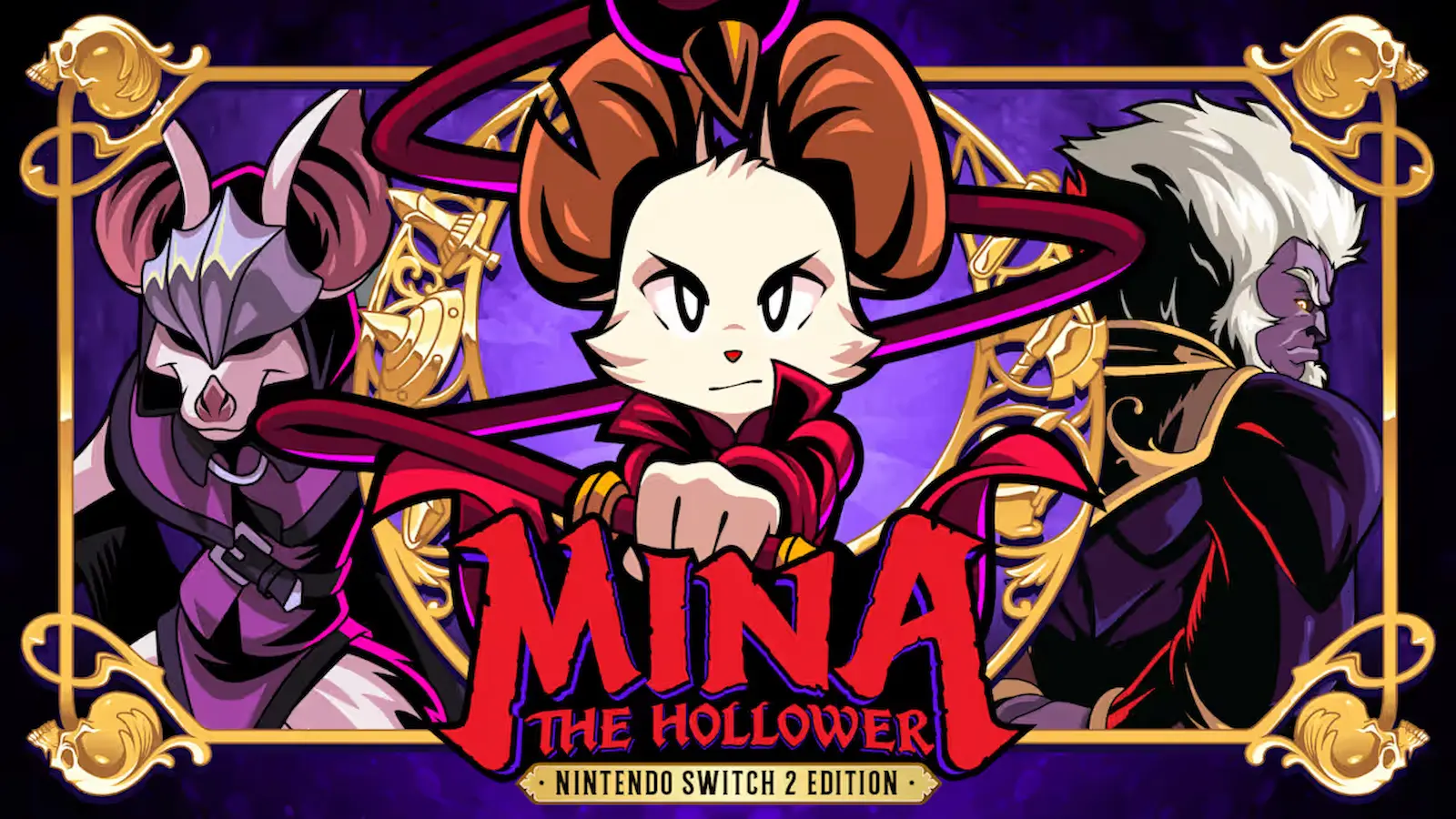 Mina the Hollower Nintendo Switch 2 artwork featuring Mina between two characters against a purple background.