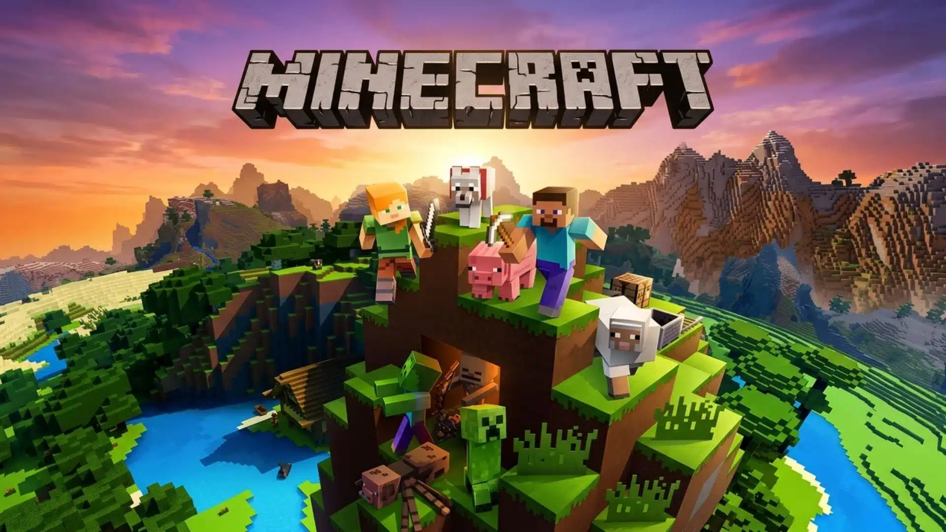 Minecraft logo with characters exploring a grassy mountain landscape with animals.
