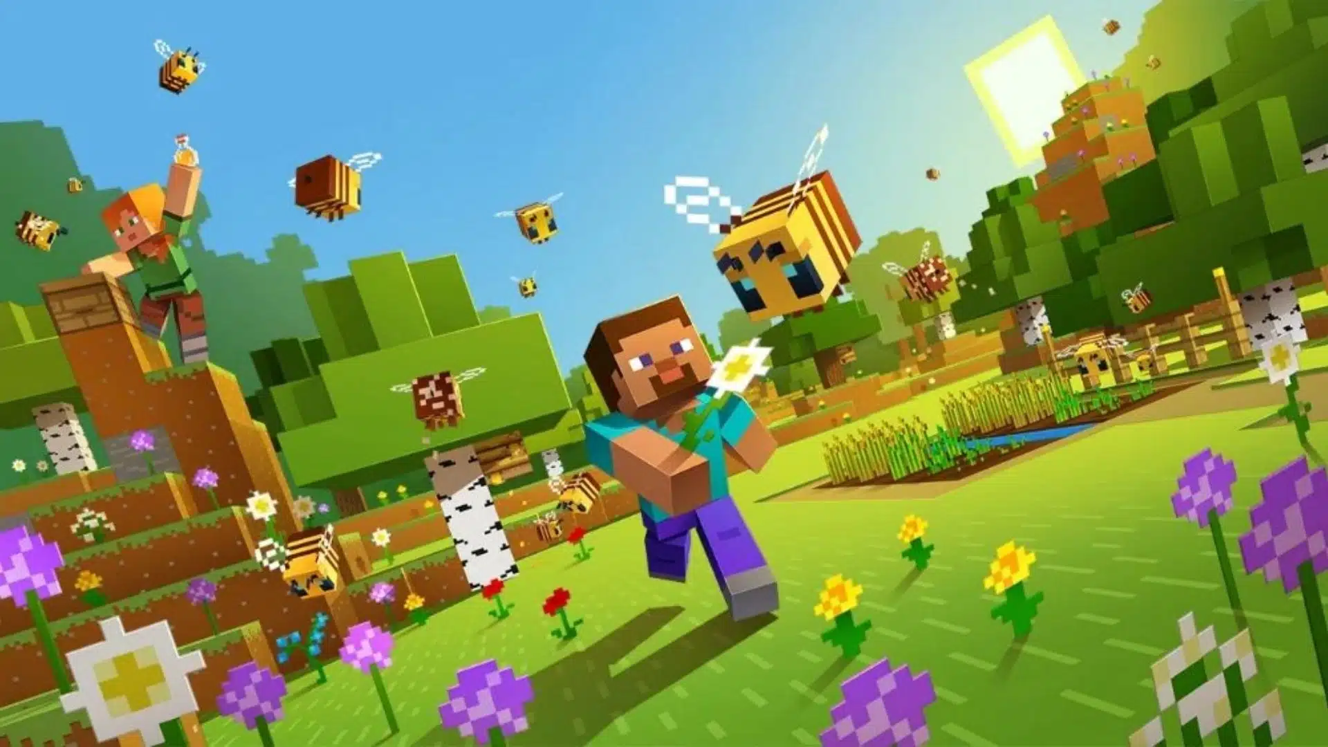 Minecraft farm landscape with Steve, bees, flowers, trees, and bright green fields.