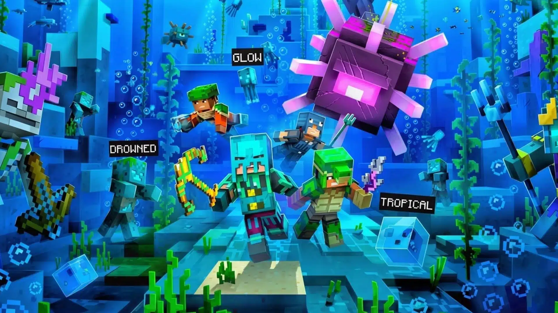 Minecraft underwater scene with characters, sea creatures, and glowing ocean blocks.