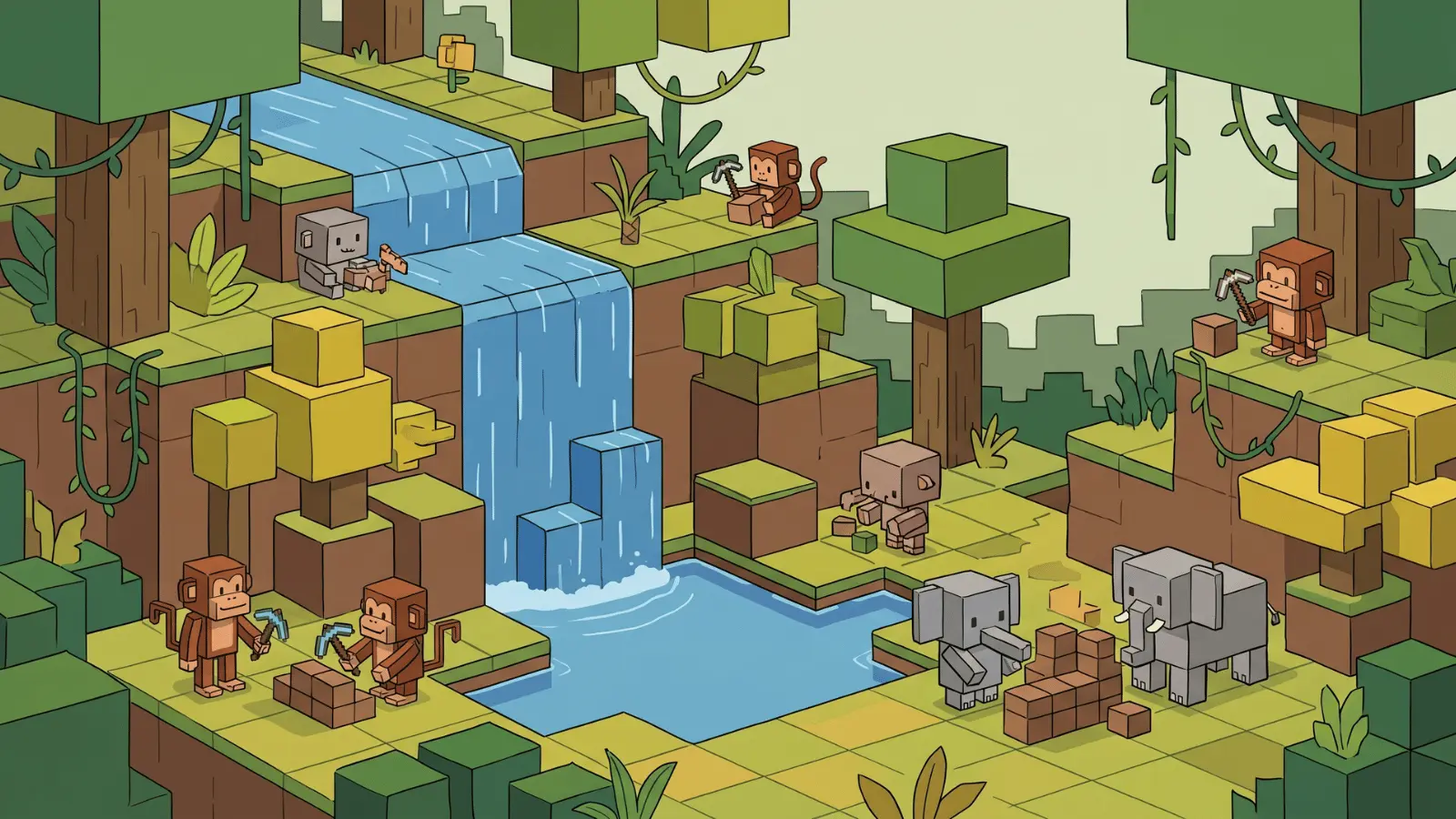 Characters building structures in a block-built jungle with waterfall in cartoon style