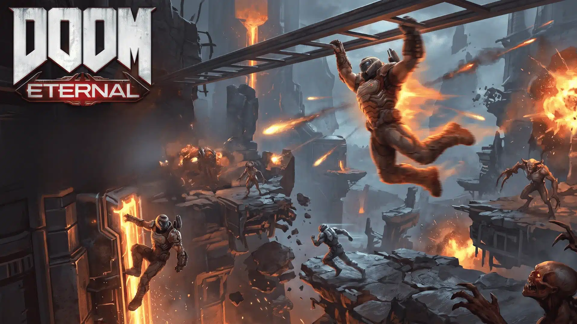 DOOM Eternal artwork showing the Doom Slayer using movement abilities across platforms while fighting demons.