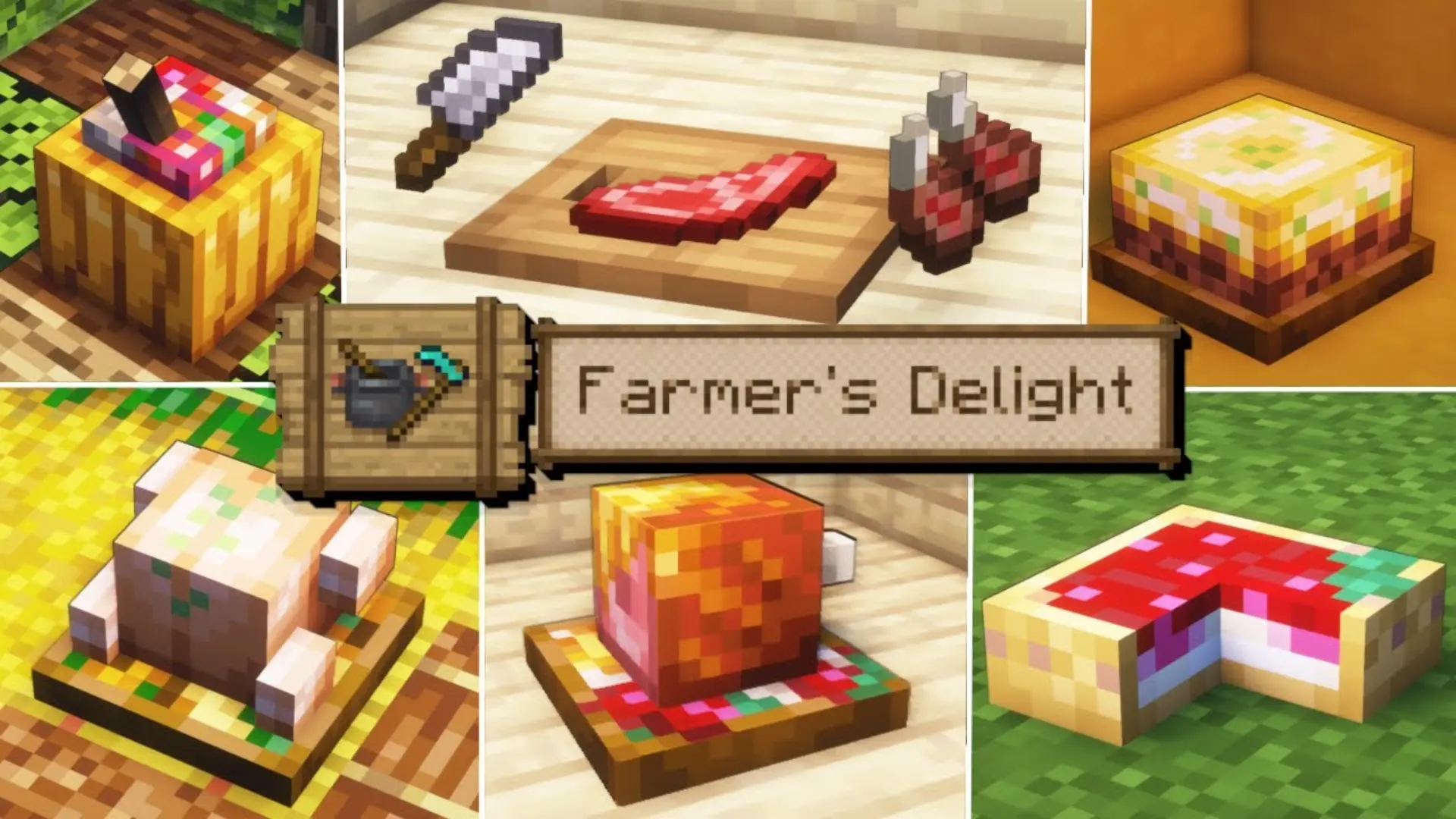 Minecraft Farmer’s Delight mod showing new food items, cooking tools, and decorative dishes
