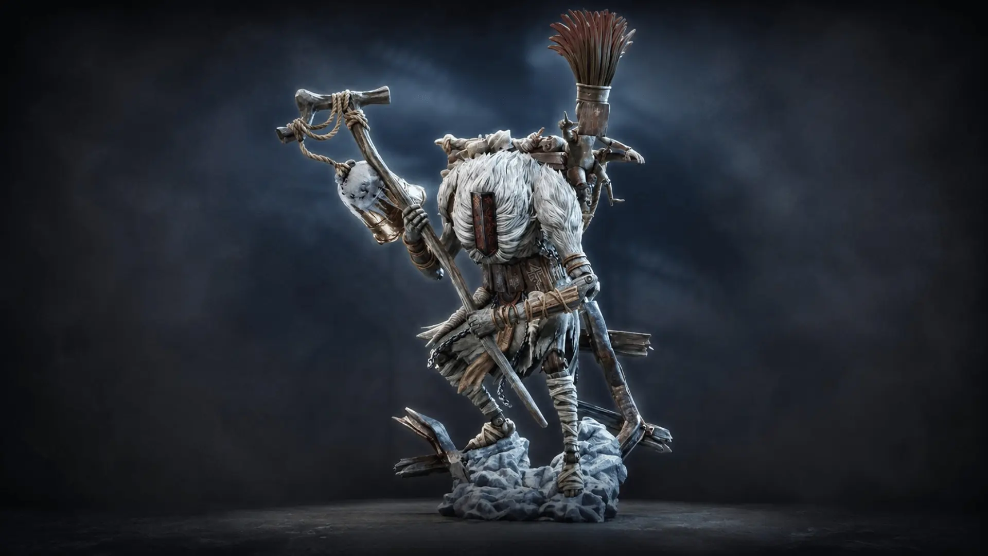 Monoco holding a staff and standing on a rocky base against a dark smoky background.