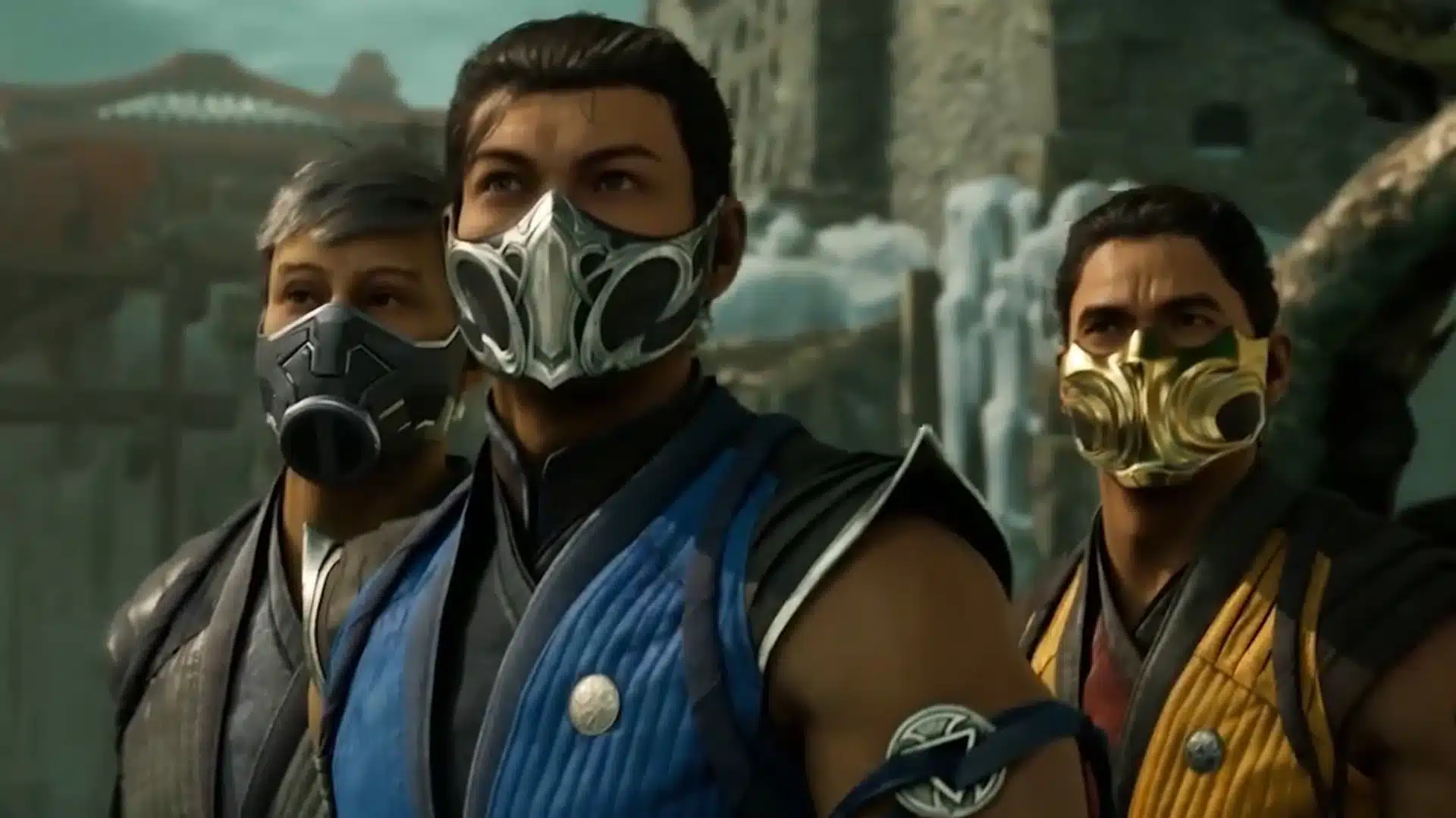 Sub-Zero stands beside two masked allies in an ancient temple courtyard before battle