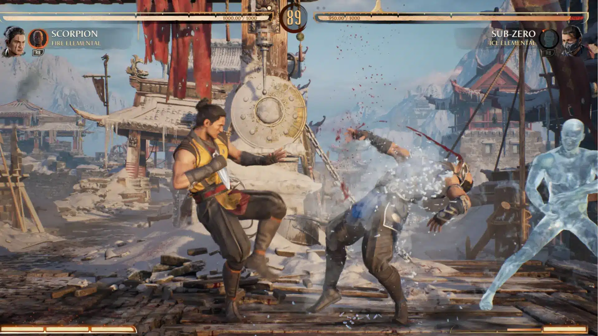 Scorpion strikes Sub-Zero amid flying ice shards in a snowy Mortal Kombat arena