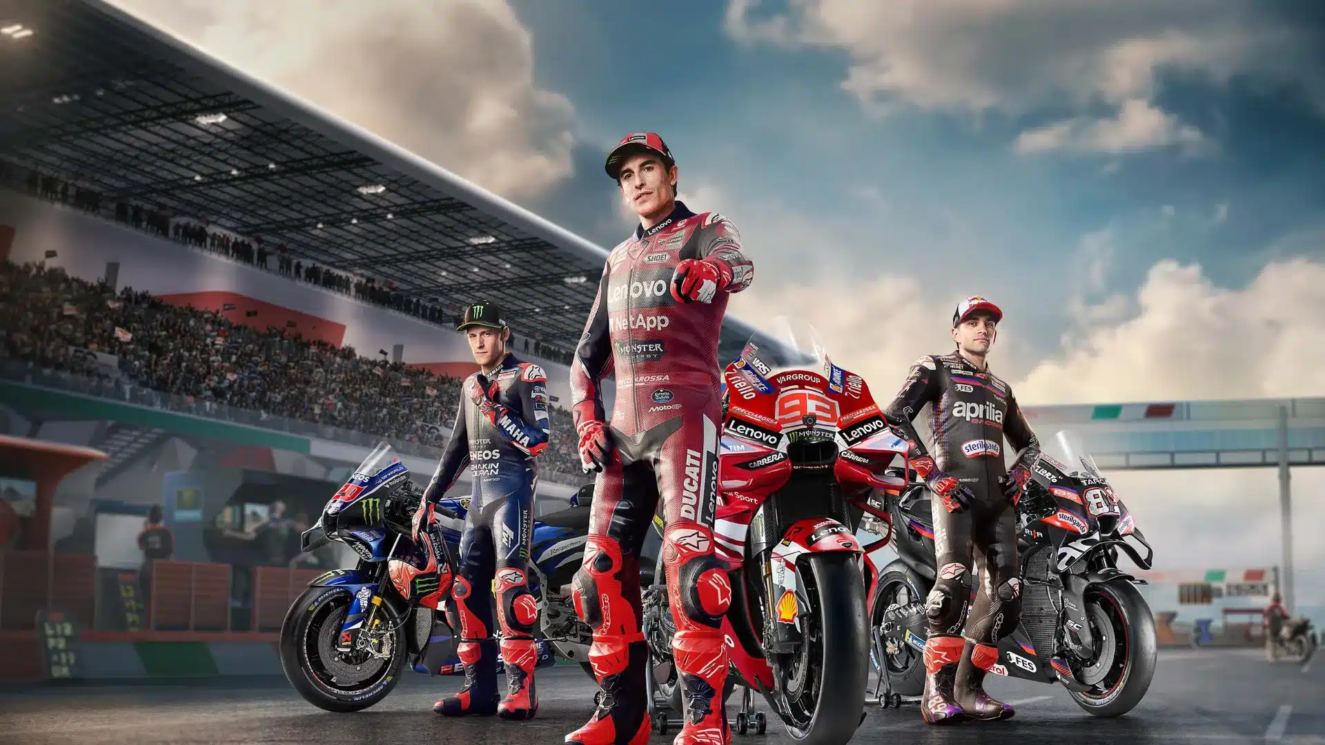 MotoGP riders pose with racing bikes on the grid at a packed circuit before the race