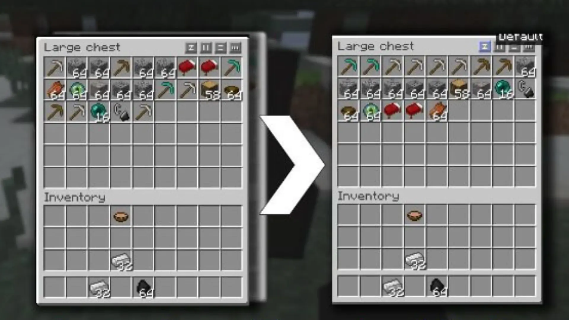 Minecraft inventory comparison showing faster item sorting and movement with Mouse Tweaks mod features