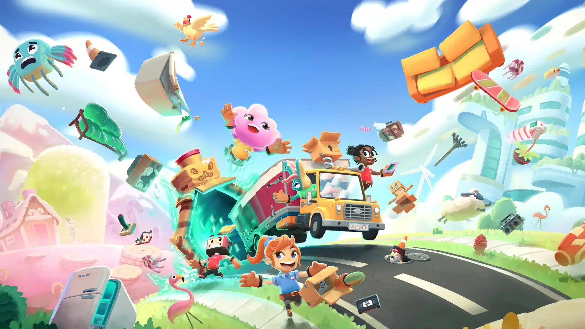 Cartoon movers dodge flying furniture and wild chaos across a bright city road scene
