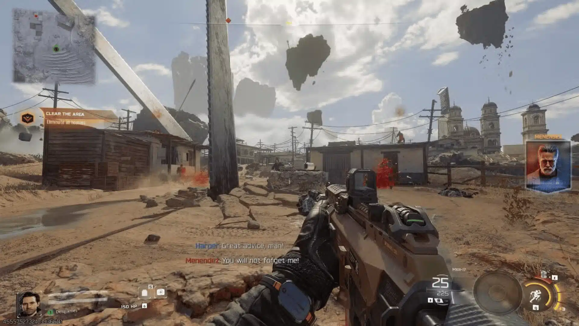 First-person shooter gameplay from Call of Duty: Black Ops 7 showing a desert environment and the weapon HUD.