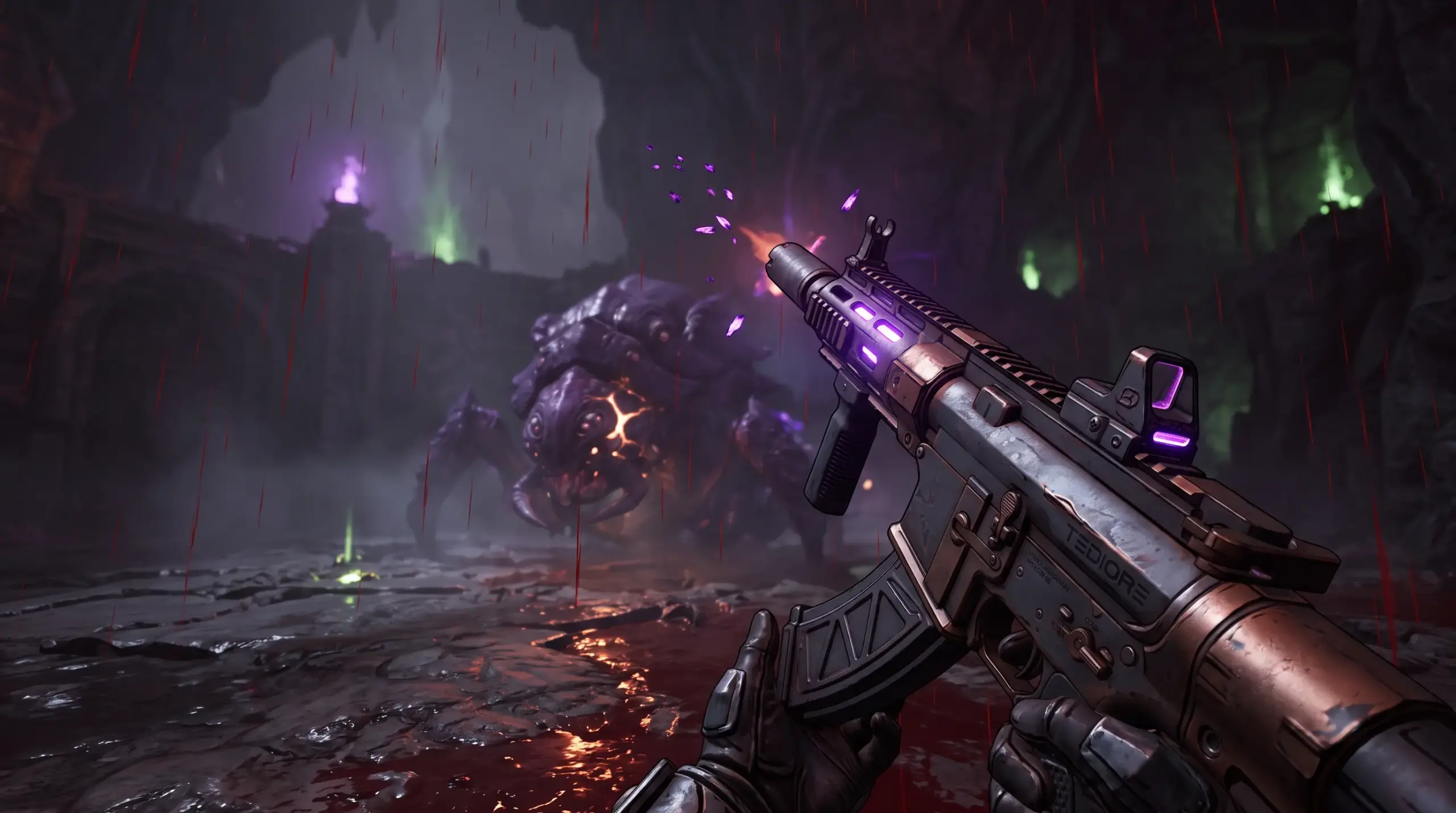 Murmur Legendary assault rifle used during a blood-red Horrors of Kairos boss fight