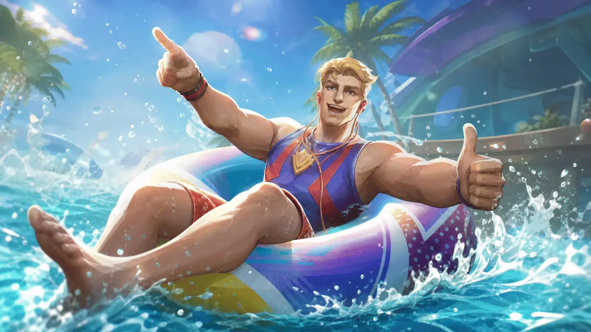 Muscular blond game character riding a colorful pool float and giving a thumbs-up in a tropical swimming pool.