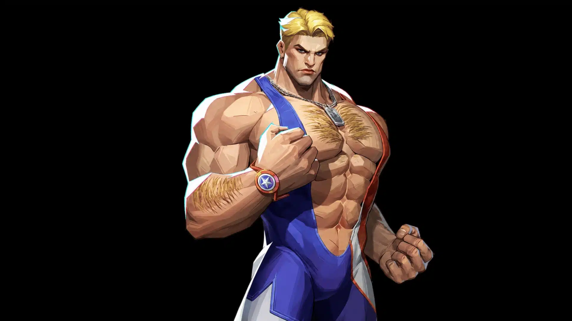 Muscular blond male game character in a blue wrestling singlet with fists raised.