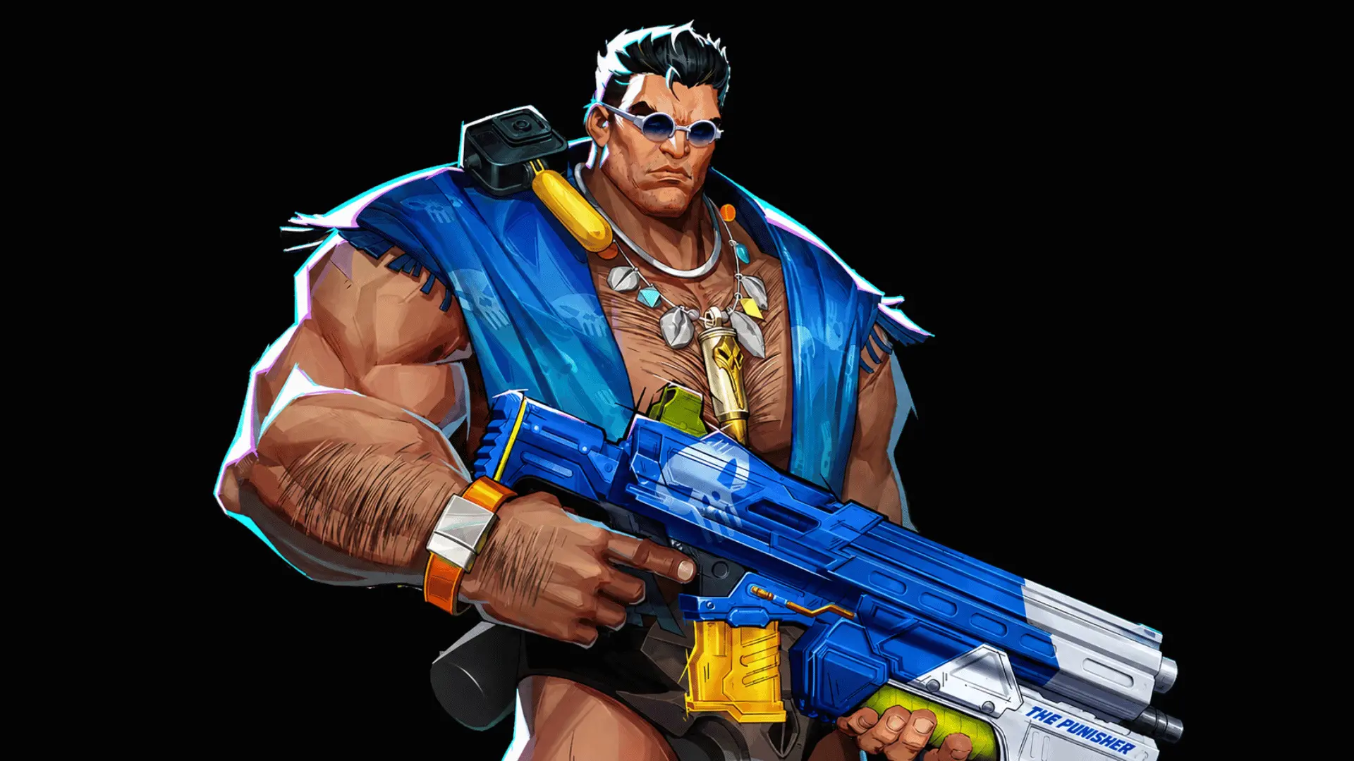Muscular dark-haired game character wearing sunglasses and a blue vest while holding a blue rifle against a black background