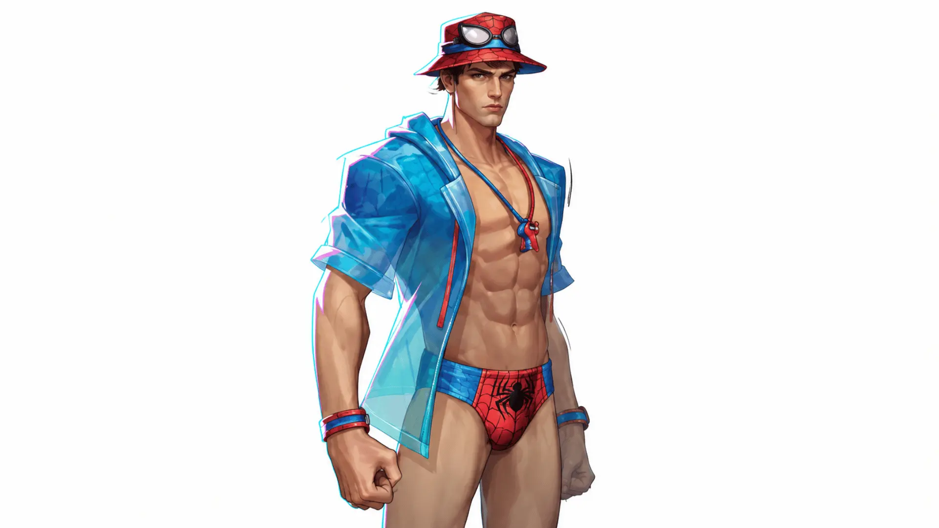 Muscular male game character wearing a blue open shirt, red swim briefs, and a bucket hat against a light background