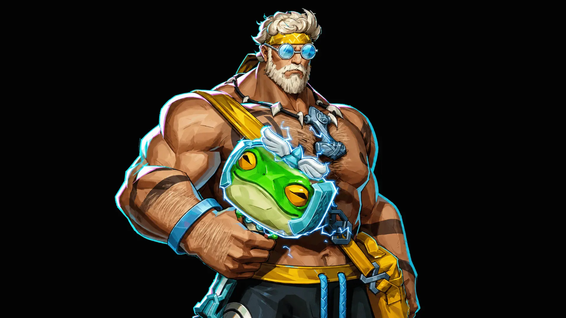 Muscular white-haired game character with blue goggles holding a green frog-shaped weapon against a black background