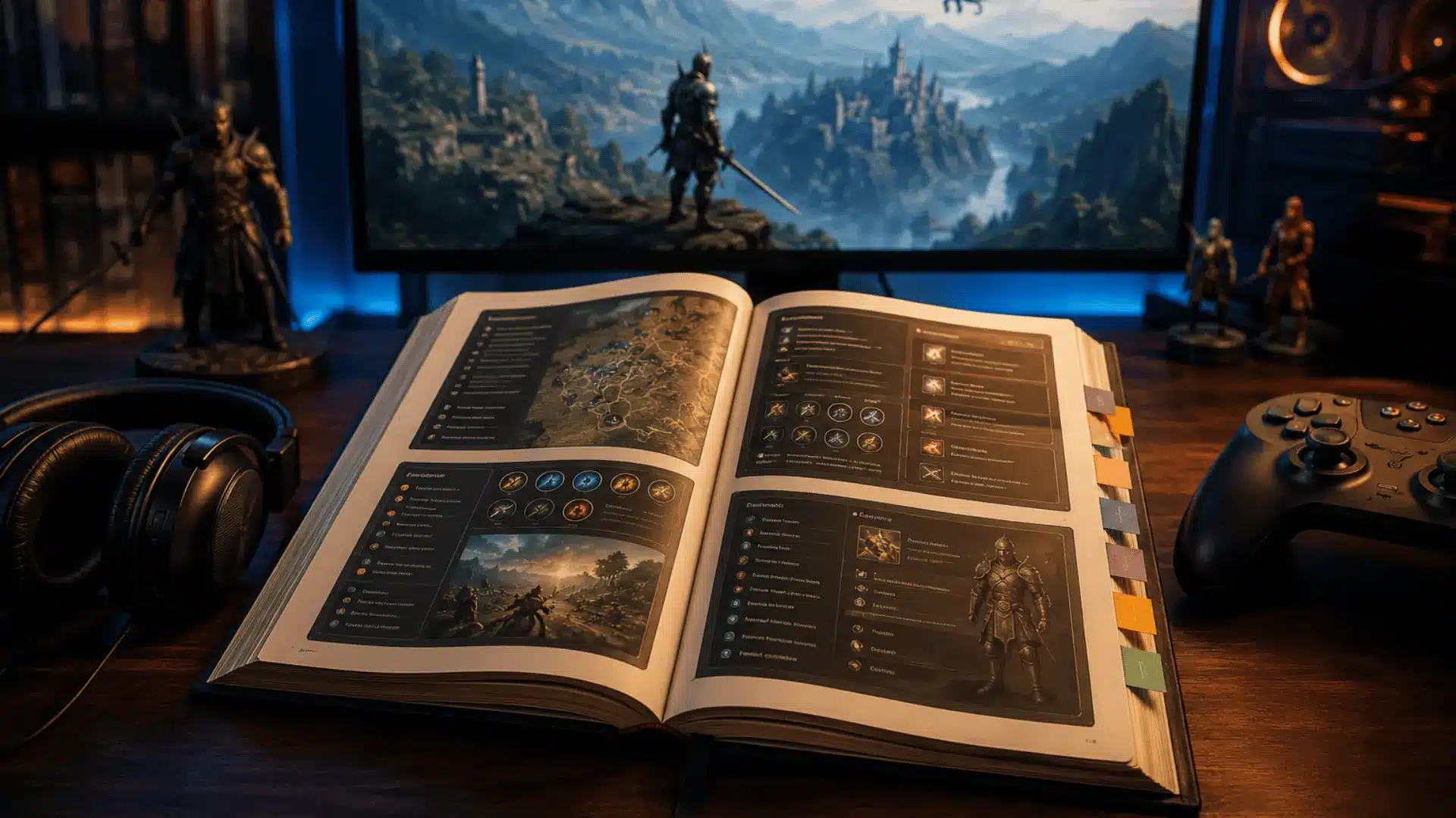An open fantasy game strategy guide book on a desk in front of a monitor displaying an RPG game, with a controller.