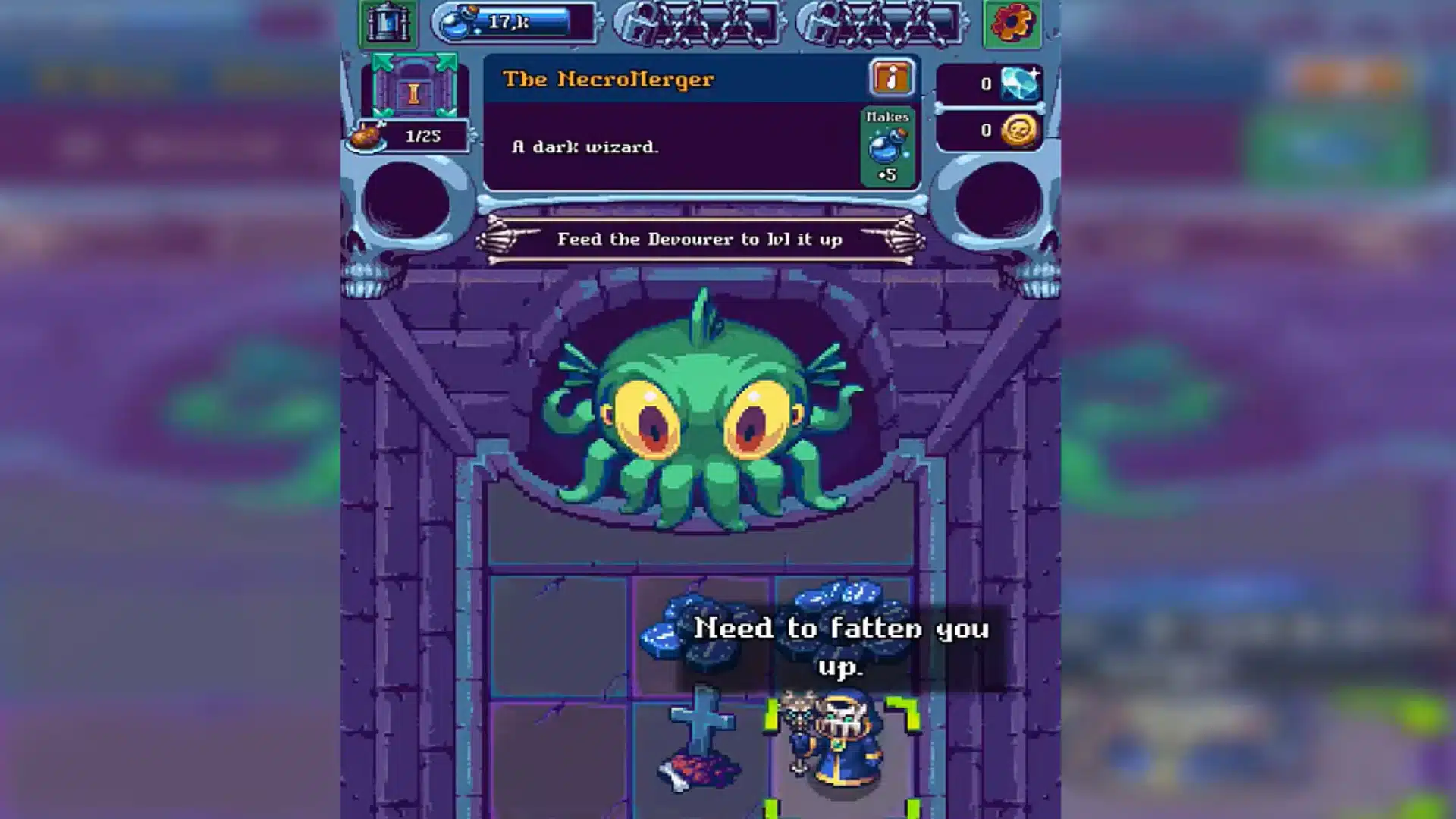 NecroMerger gameplay showing an Arch Demon, merged creatures, loot, and dungeon grid
