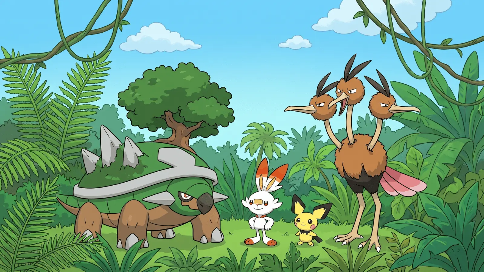 Pokémon in a jungle environment under a blue sky in cartoon style