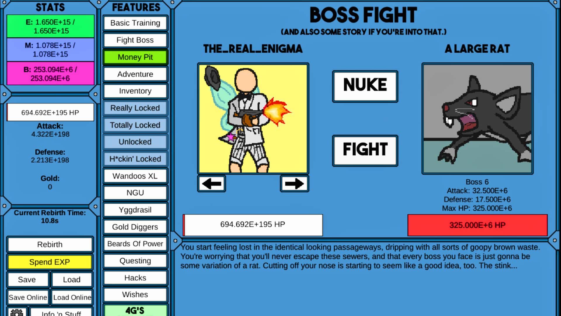 NGU Idle game interface showing stats, features, character battle, upgrades, and boss fight options.