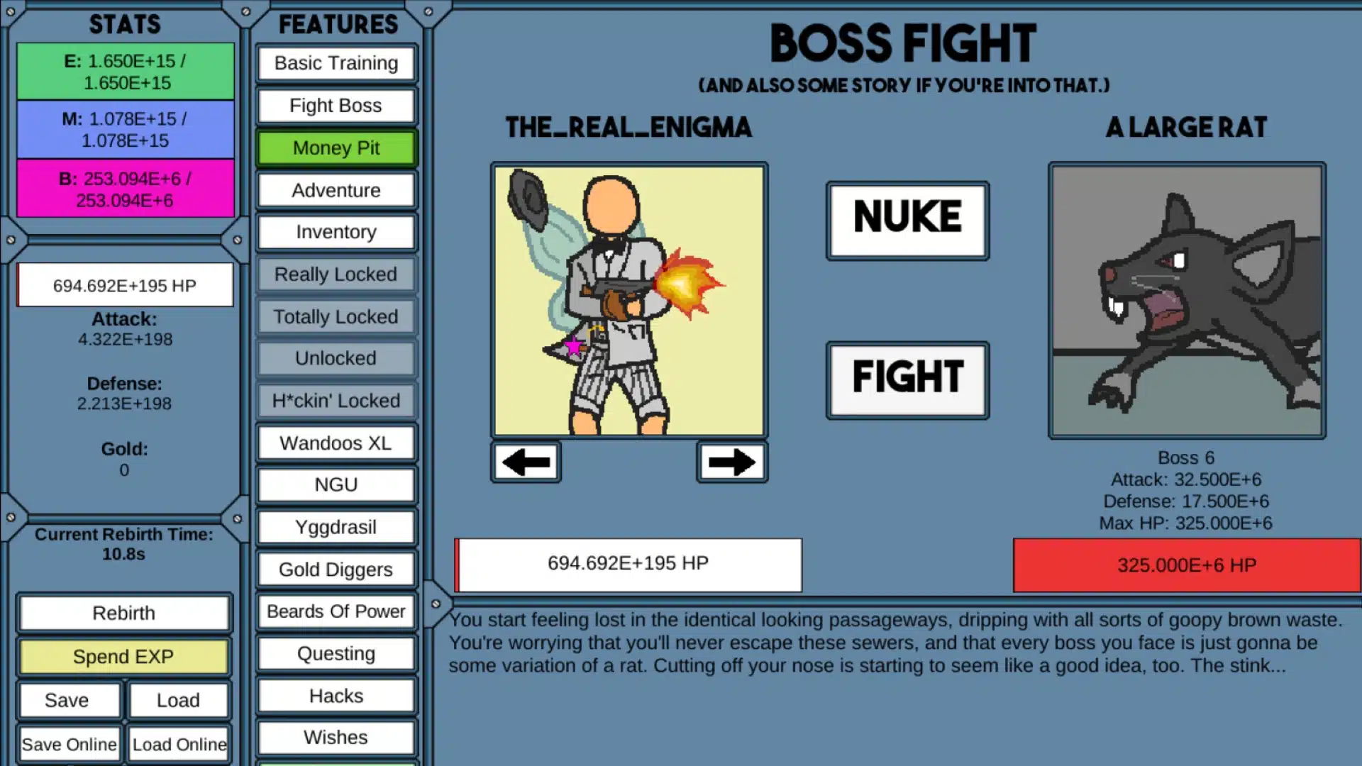NGU Idle boss fight showing player stats, rebirth options, and a giant rat enemy
