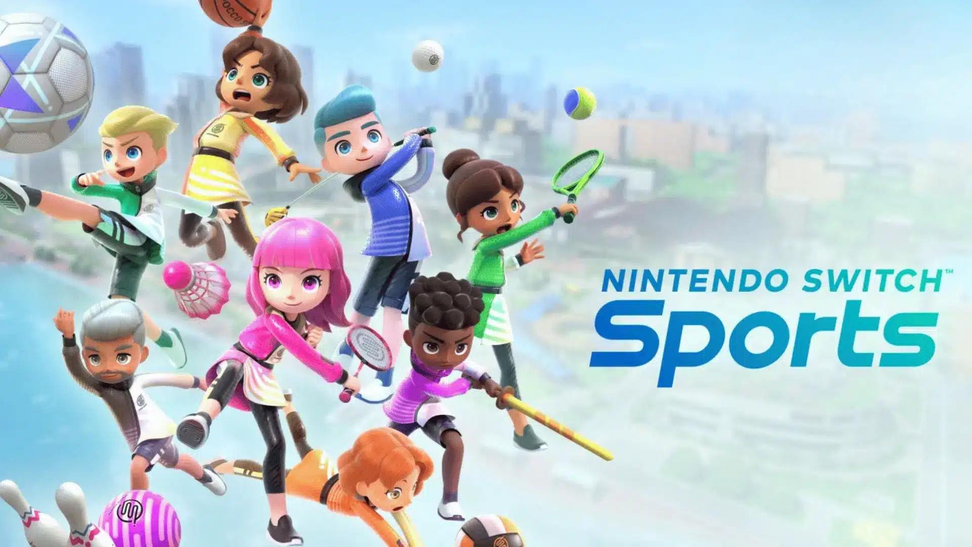 Nintendo Switch Sports characters playing various sports in action poses over a city background