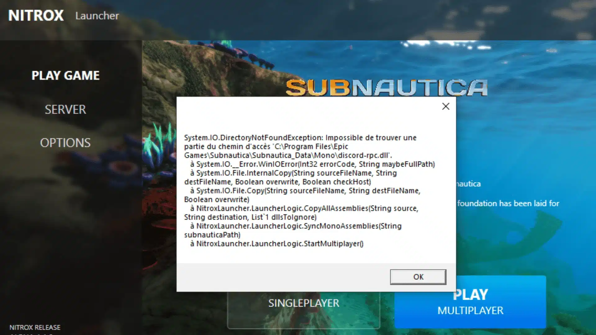 Nitrox Subnautica multiplayer launcher showing a System.IO.DirectoryNotFoundException error popup